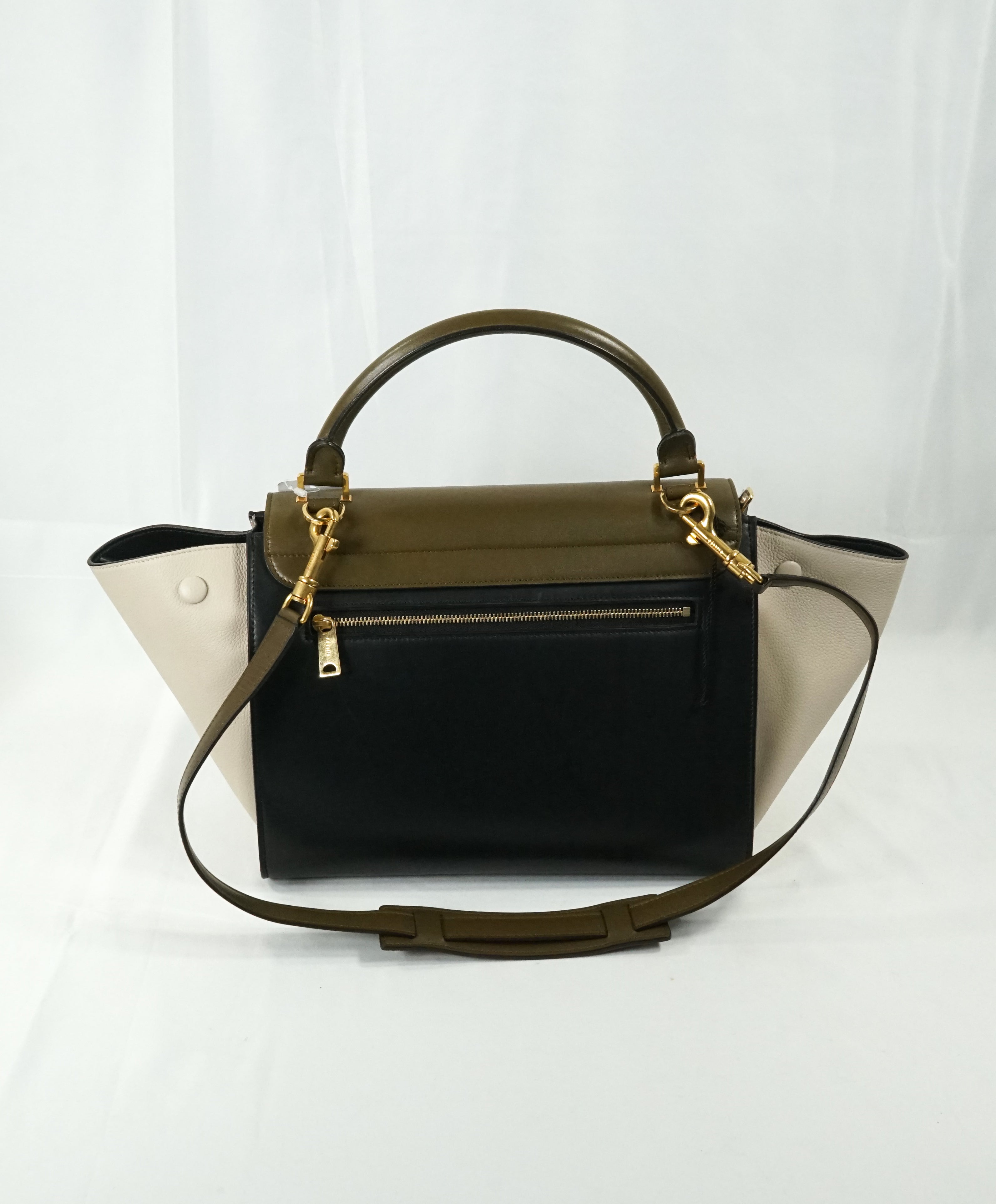 $2,950 CELINE - "Trapeze" Sleek Calfskin Tricolor Moss Green Handbag -