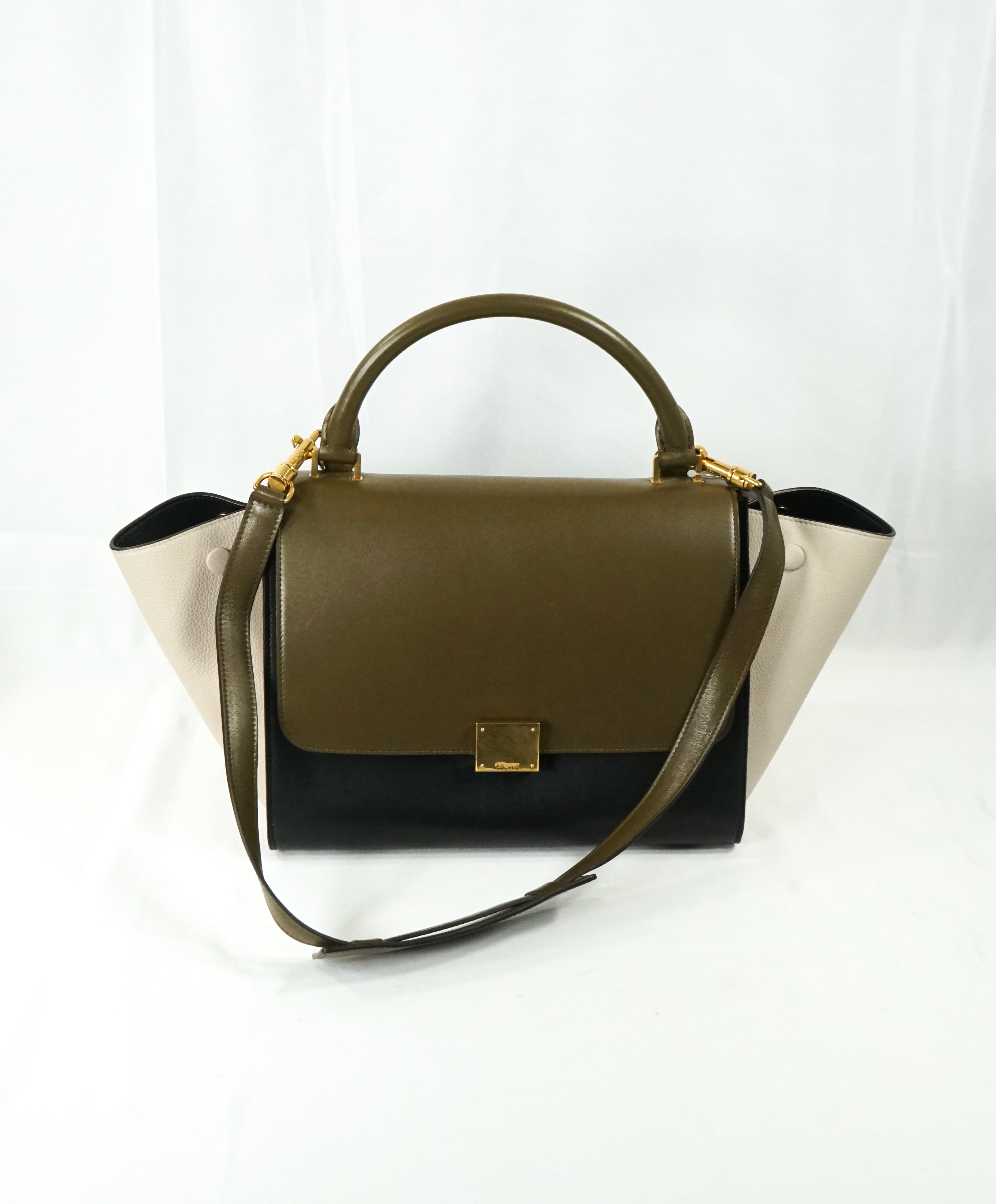 $2,950 CELINE - "Trapeze" Sleek Calfskin Tricolor Moss Green Handbag -