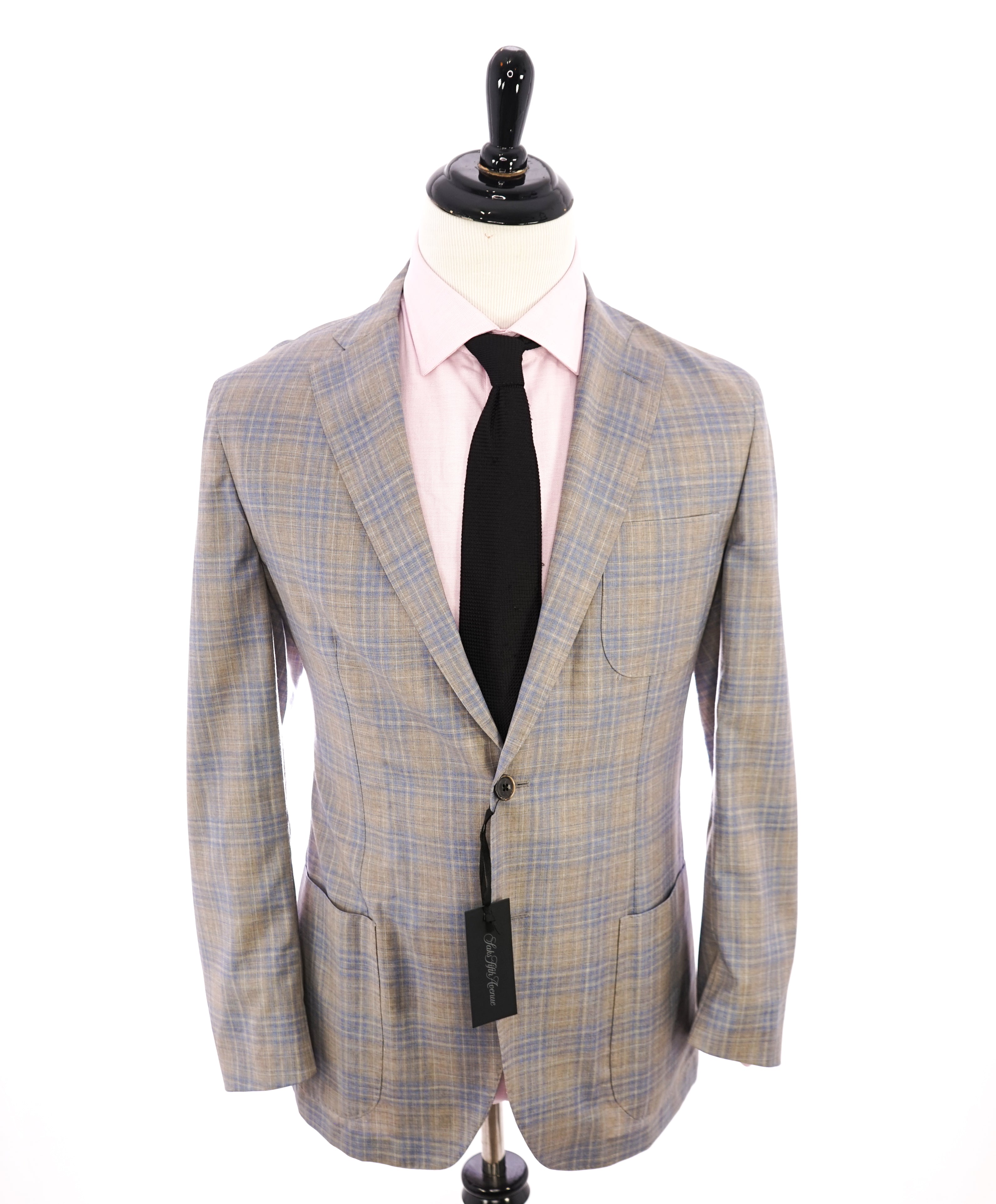 SAKS FIFTH AVENUE - Unlined Natural Shoulder Blue Stone Check Plaid Blazer - 42R