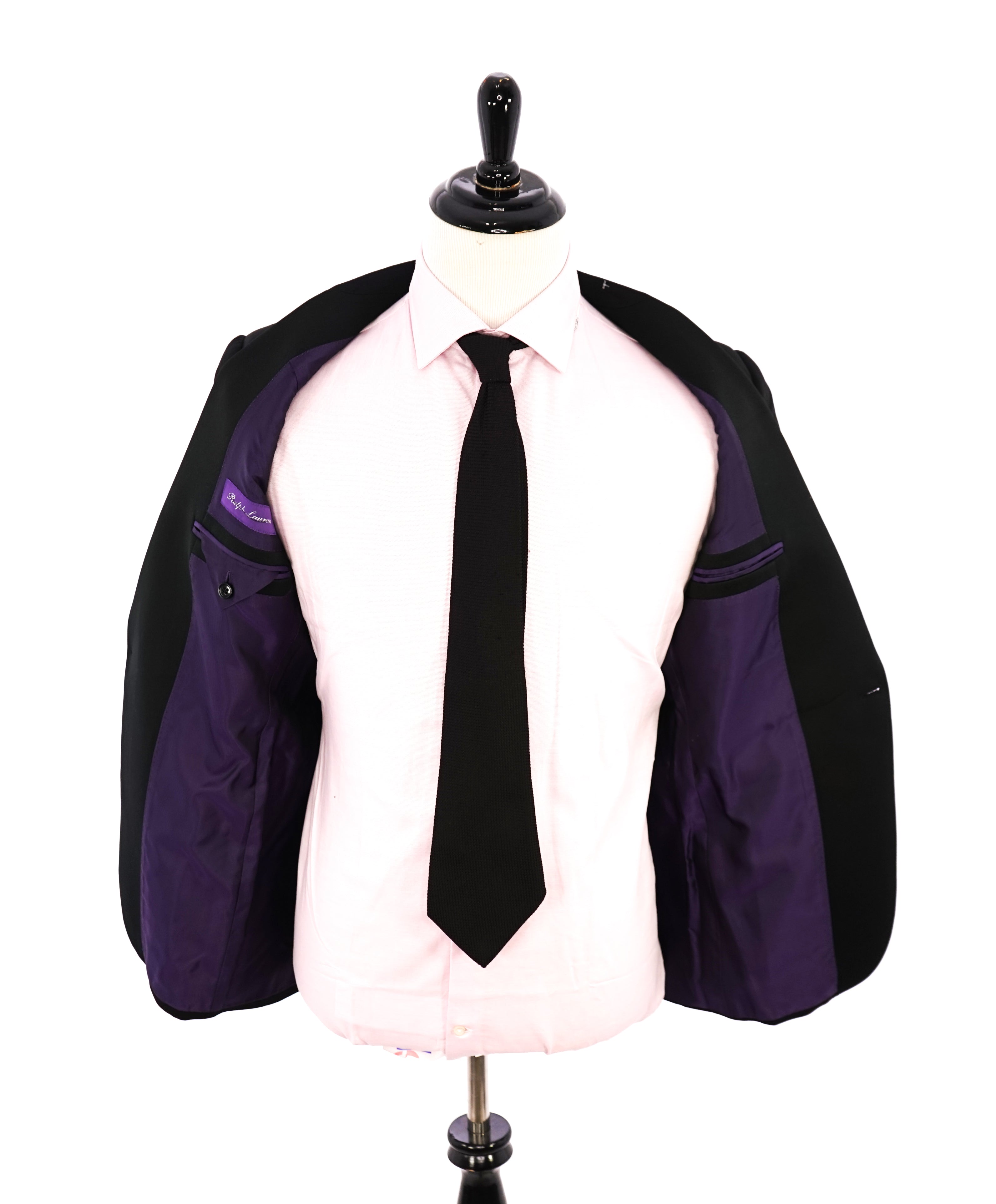 RALPH LAUREN PURPLE LABEL - Peak Lapel Black Tuxedo Suit With Side Tabs - 38R