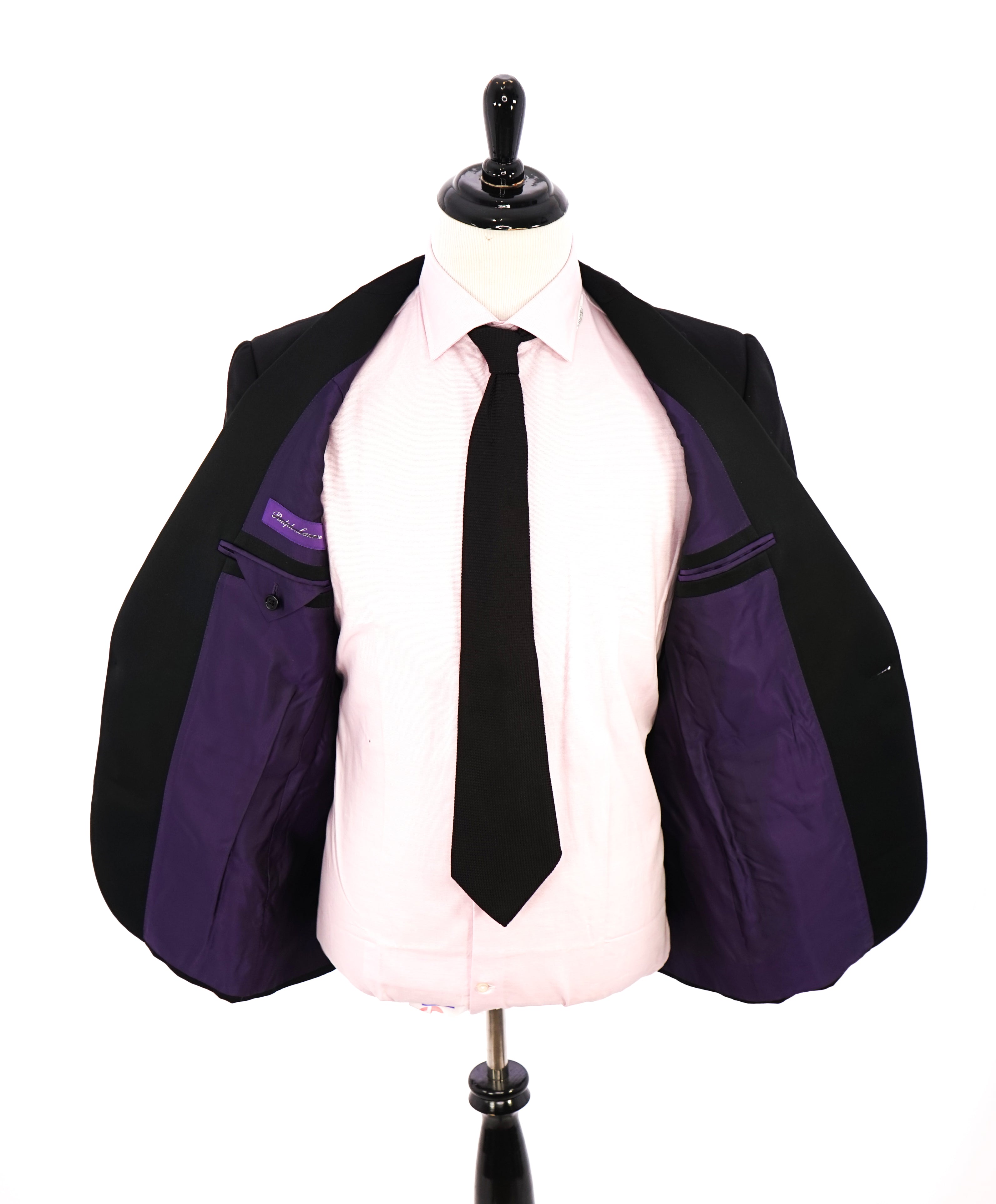 RALPH LAUREN PURPLE LABEL - Peak Lapel Black Tuxedo Suit With Side Tabs - 42R