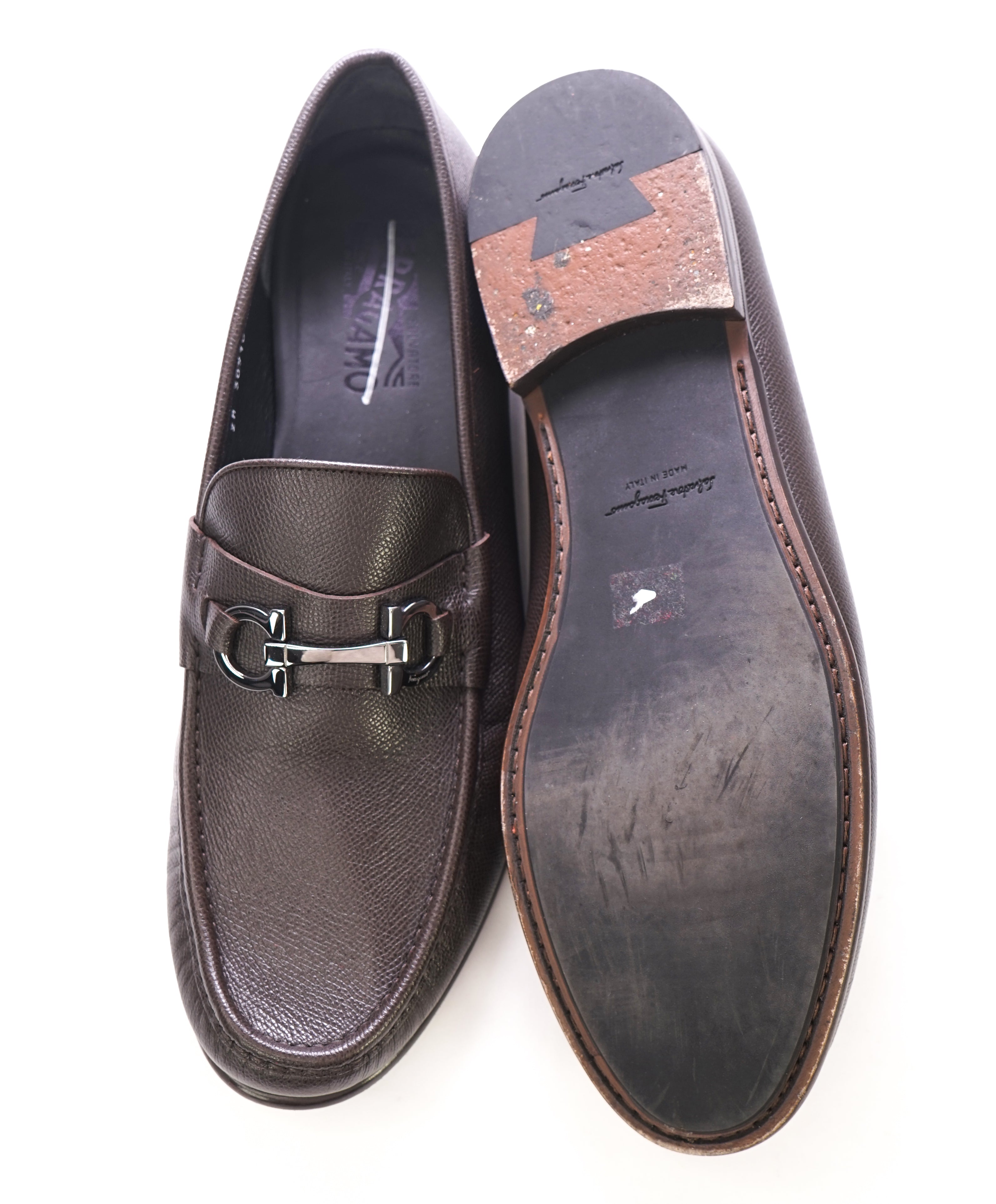 SALVATORE FERRAGAMO - "Crown Bit Loafer" Brown Pebbled Leather  - 13 E