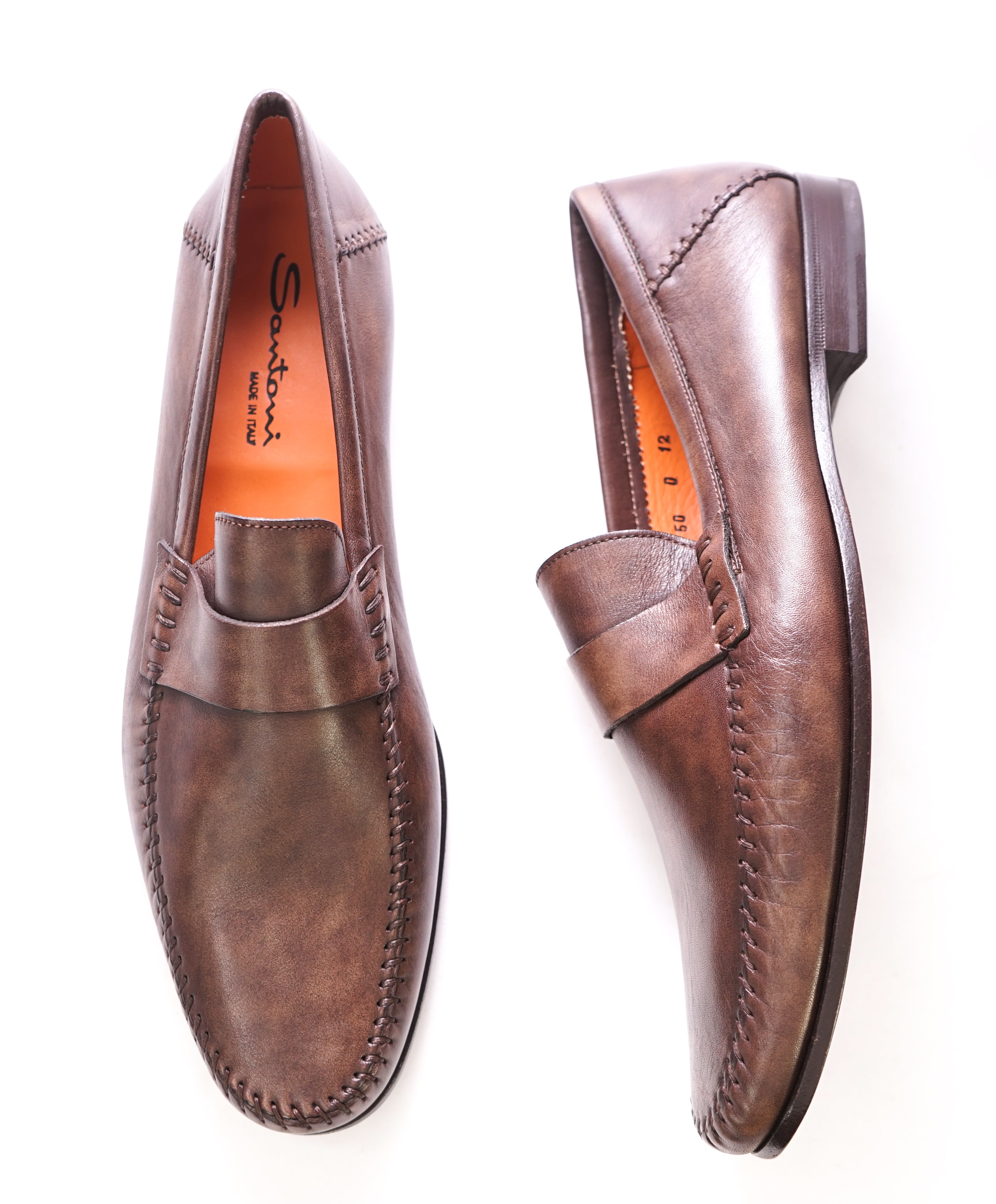 SANTONI - Brown Marble Patina Unlined Venetian Loafers - 13