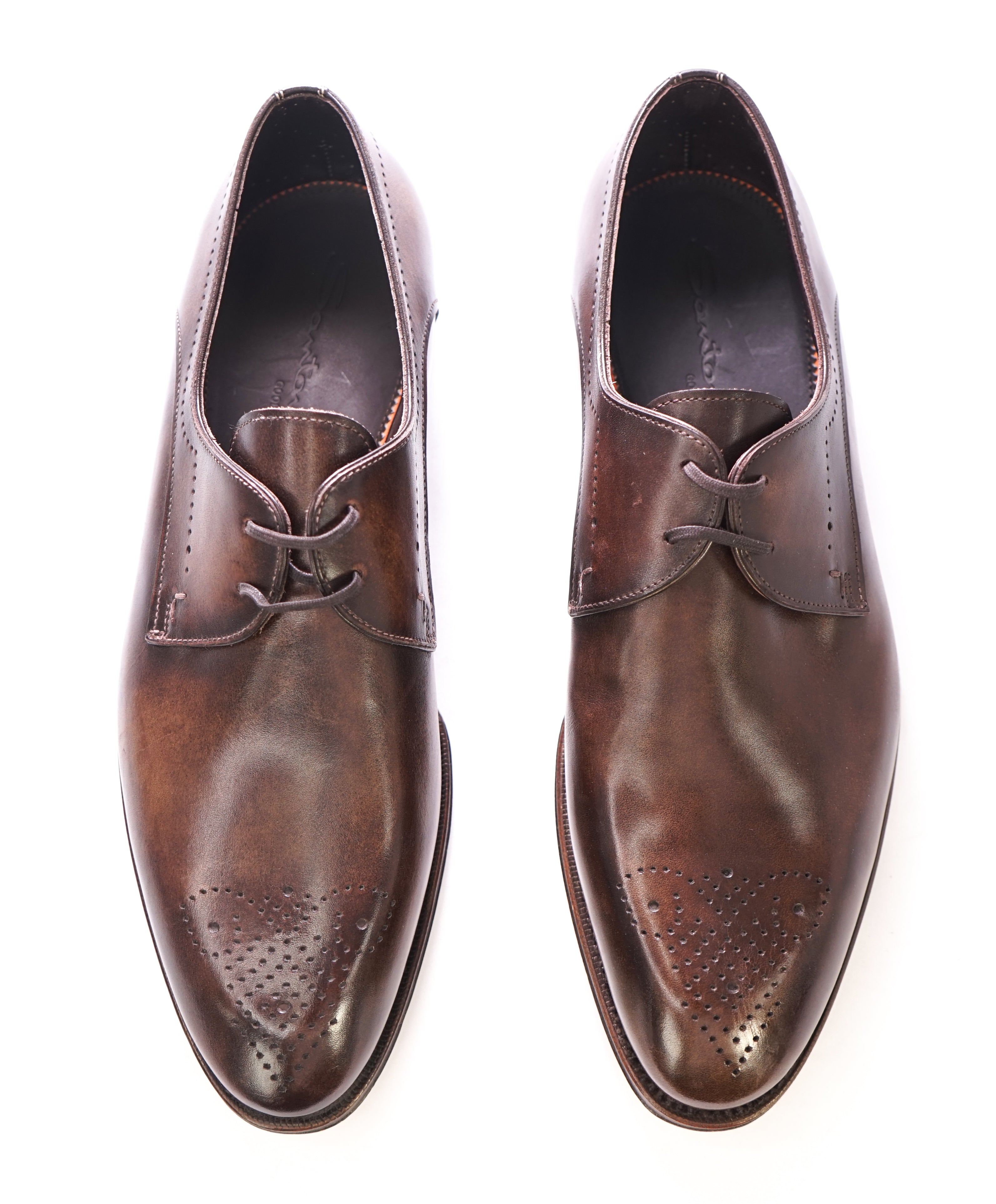 SANTONI - "GOODYEAR WELT” 2- Eyelet Hand Patina Brown Premium Oxfords - 9.5