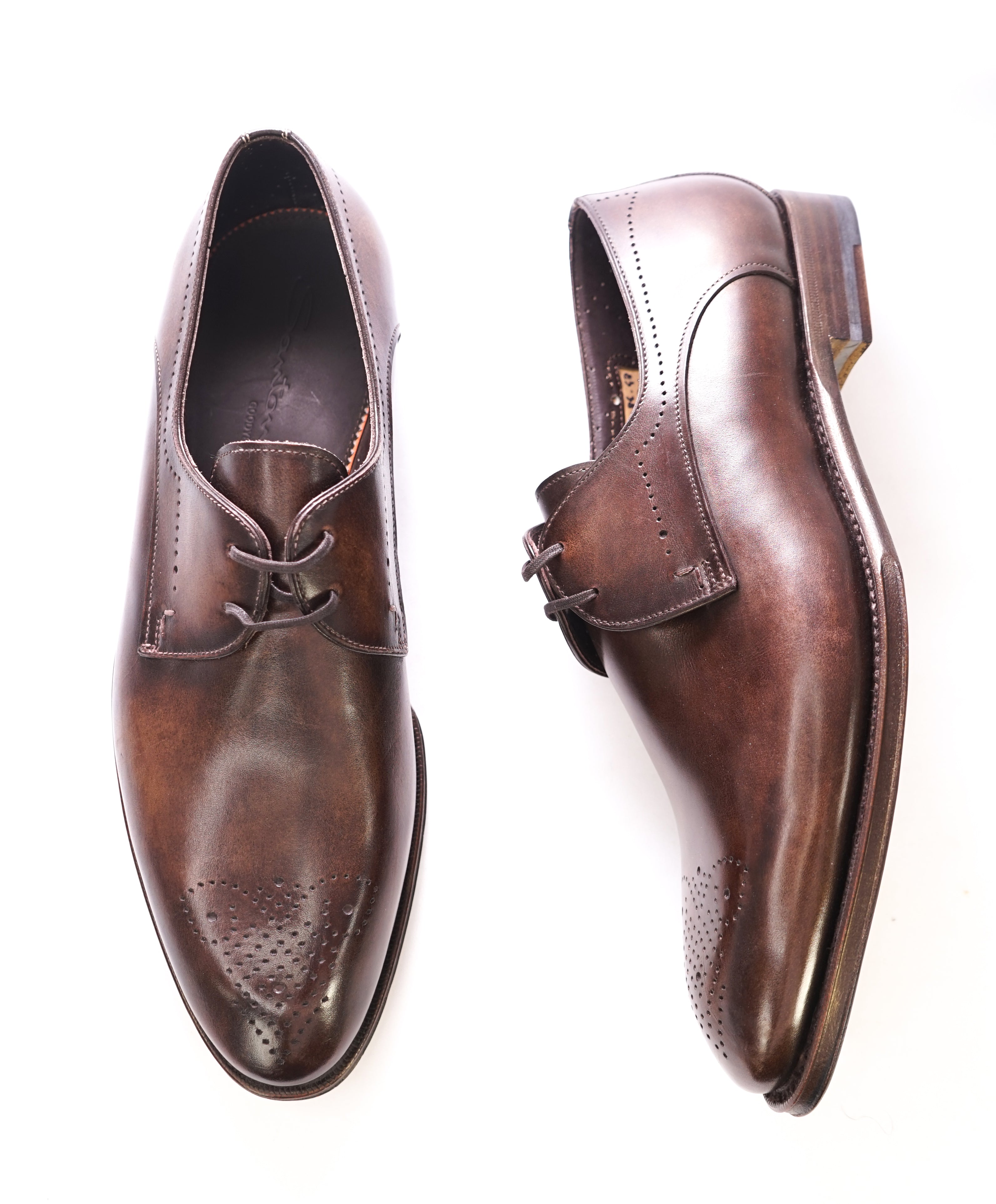 SANTONI - "GOODYEAR WELT” 2- Eyelet Hand Patina Brown Premium Oxfords - 9.5