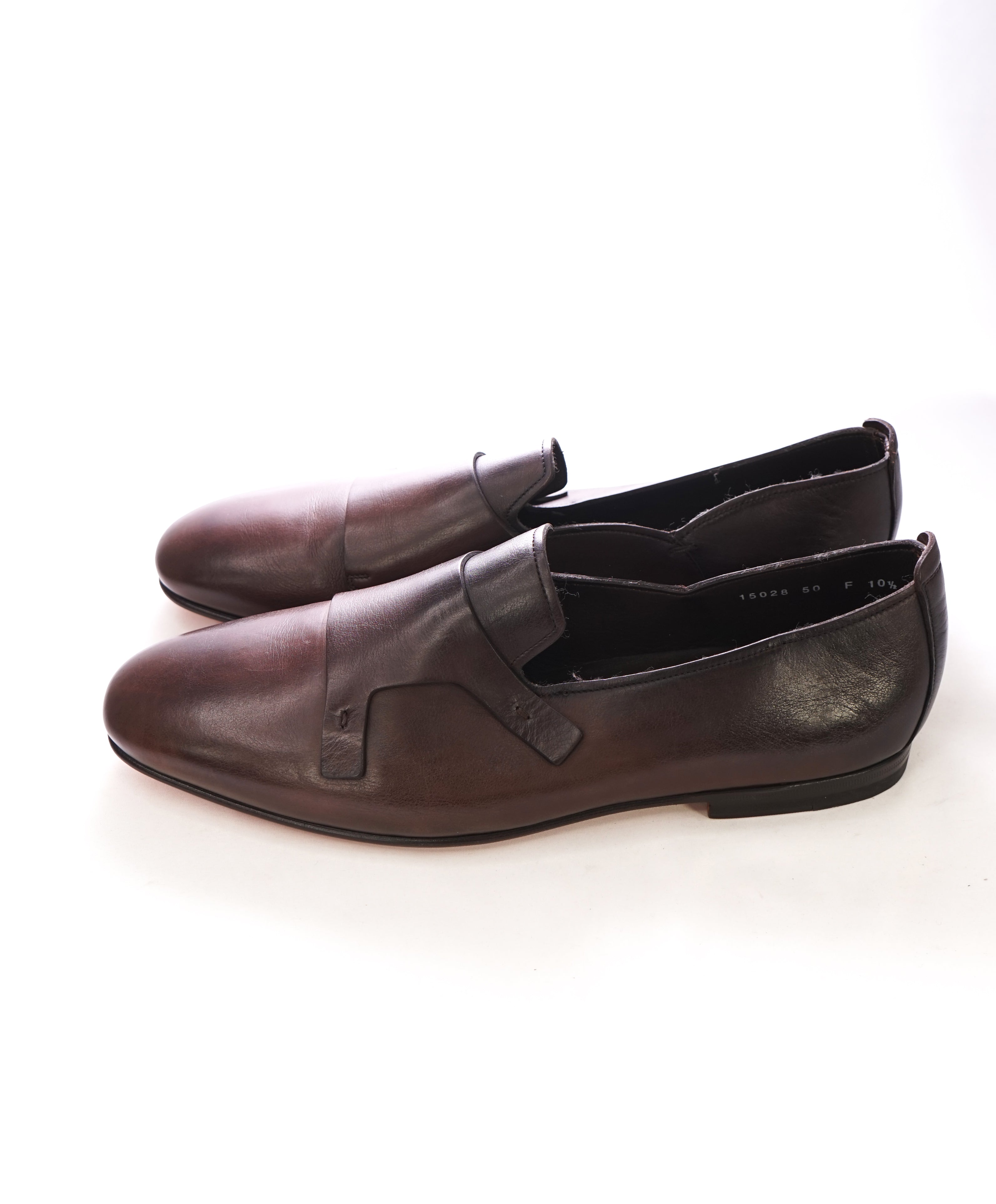 SANTONI - Brown Hand-Antiqued "Mock" Leather Monk Strap Loafers - 11.5