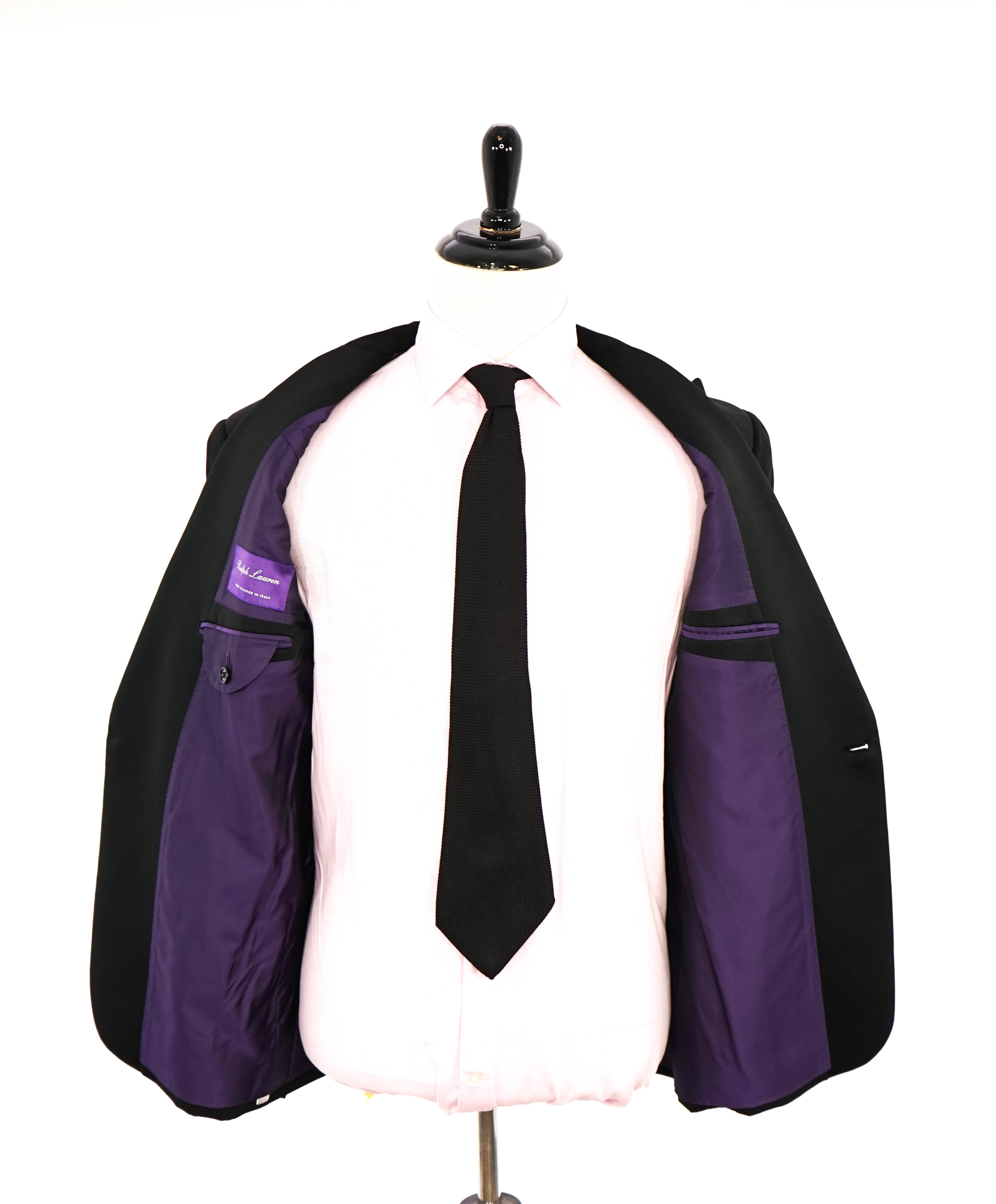 RALPH LAUREN PURPLE LABEL - Peak Lapel Black Tuxedo Suit With Side Tabs - 44R