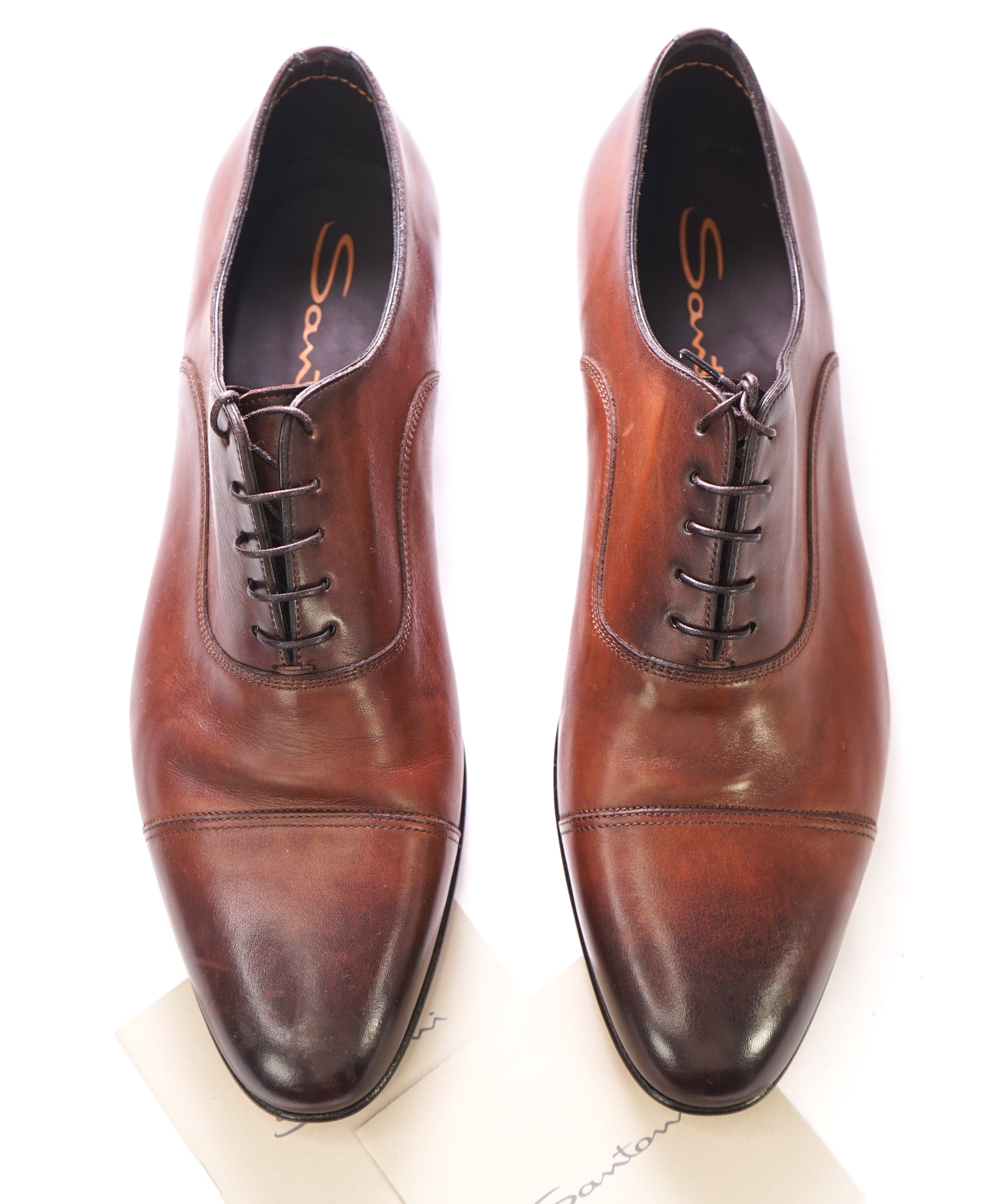 SANTONI - Antiqued Venetian Leather Oxfords Cap-toe Brown Patina - 11