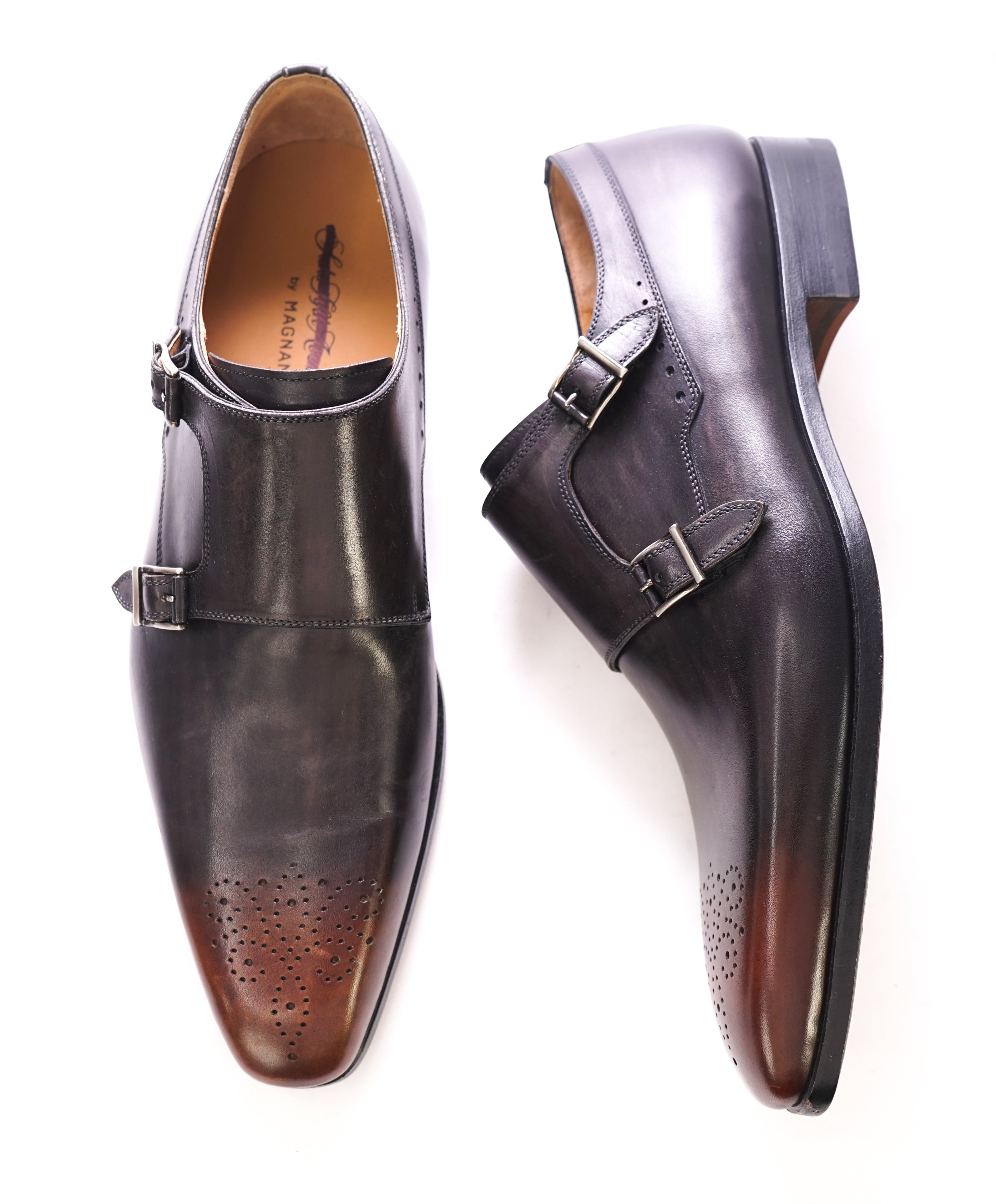 MAGNANNI - Double Monk Strap Loafers With Brown Gray Patina Detail - 9