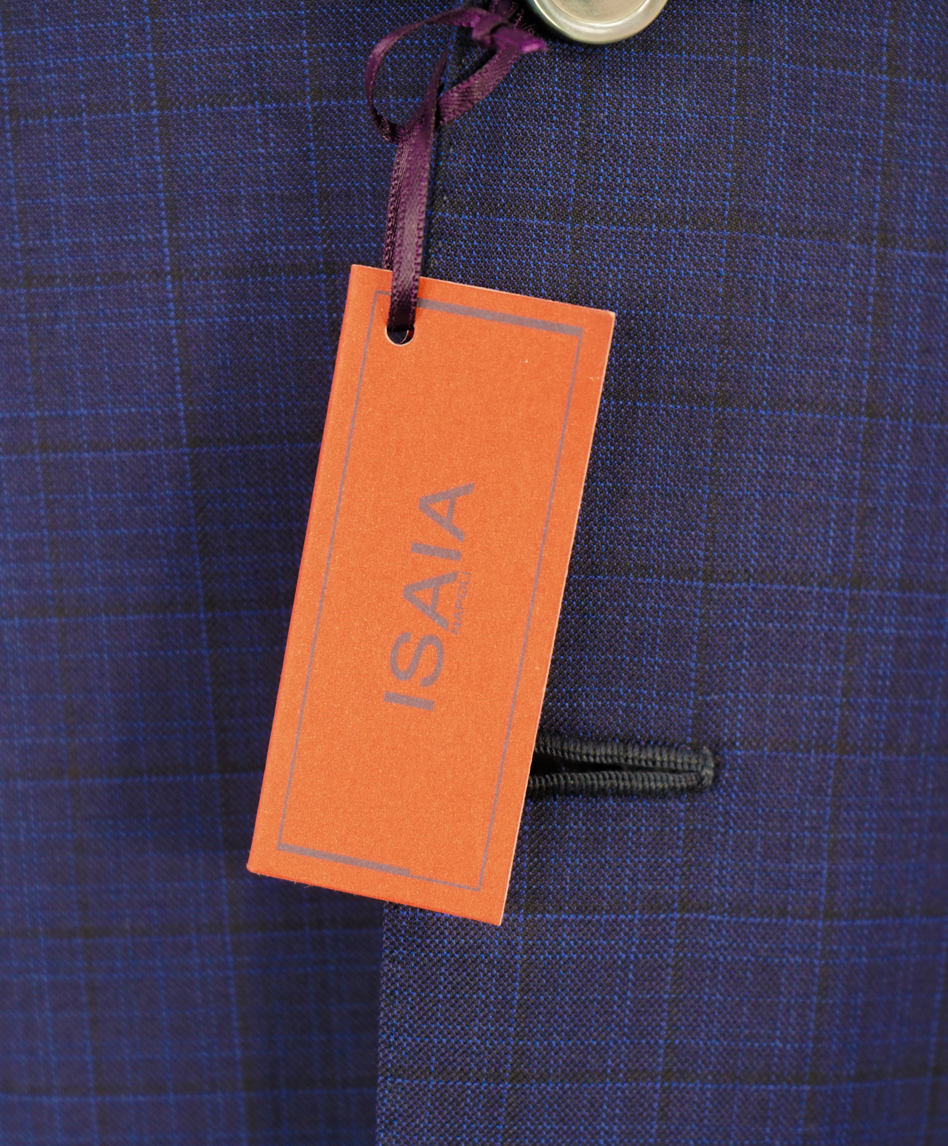 ISAIA - MOP Buttons Blue Check Plaid Suit With Logo Detailing - 40R