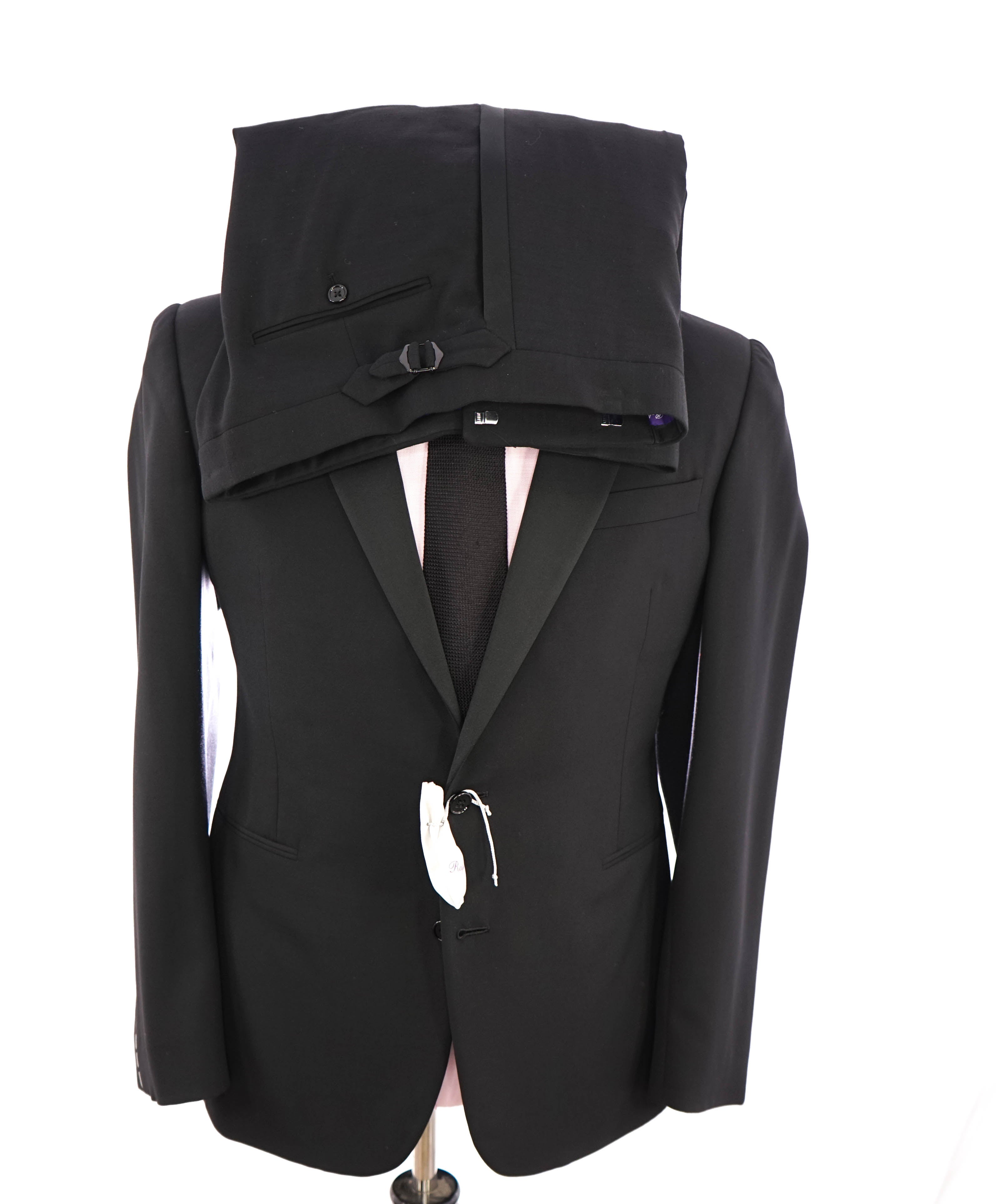 RALPH LAUREN PURPLE LABEL - Notch Lapel Black Tuxedo Suit With Side Tabs - 42R