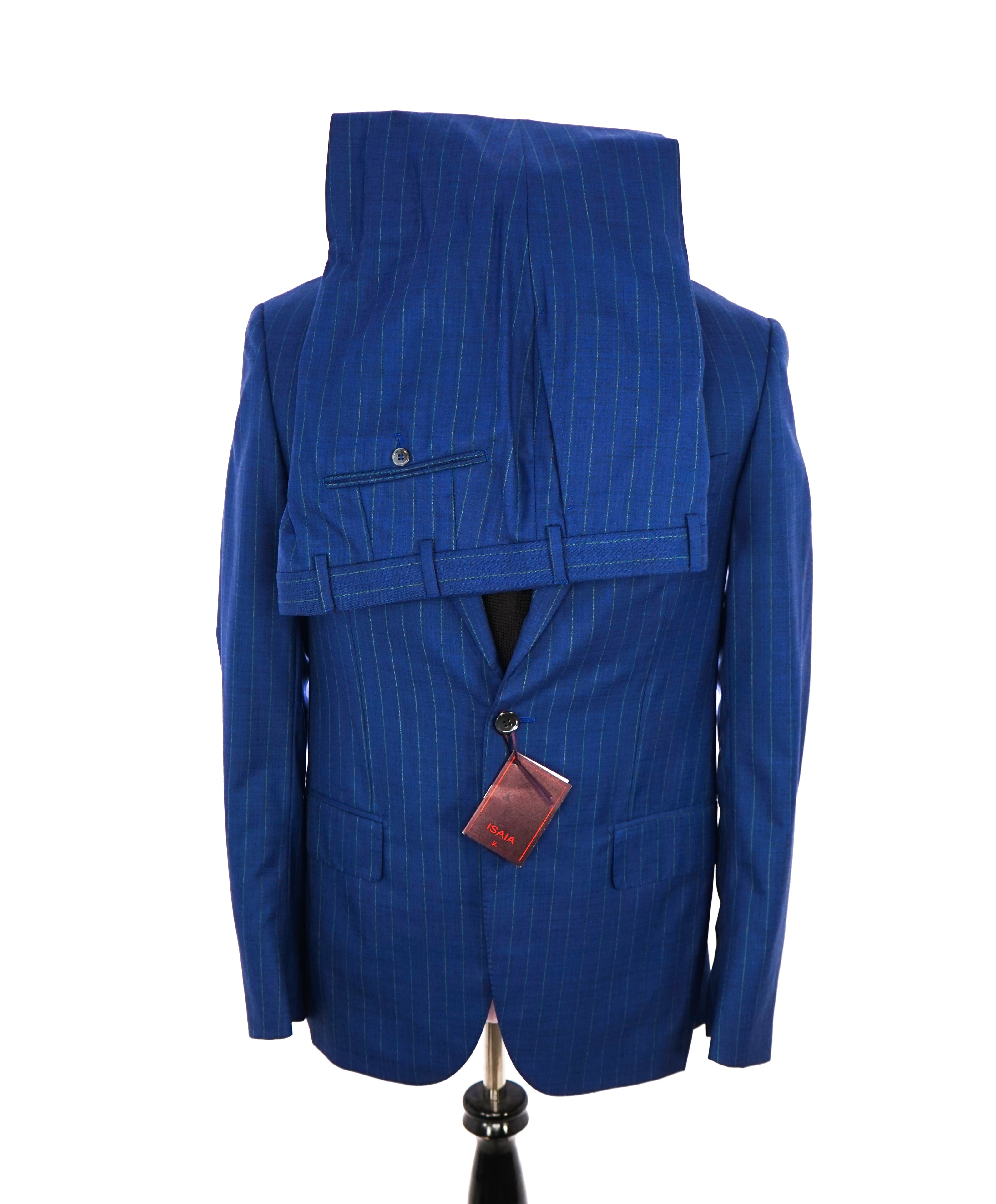 ISAIA - "160's SARTORIA 2PLY" Logo Cobalt Blue & Mint Green LOGO Suit - 40R