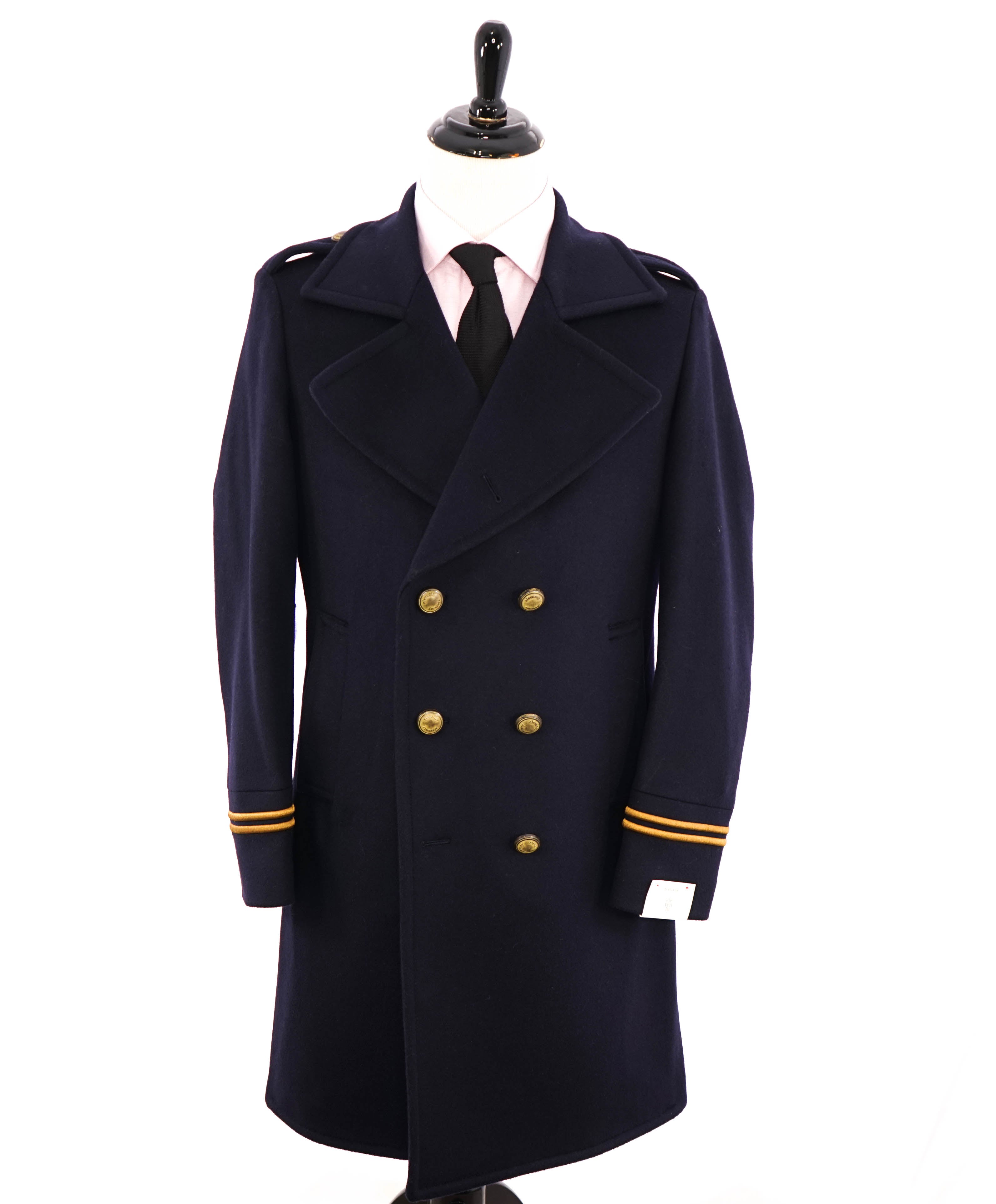 $2,000 ELEVENTY - Navy/Gold CASHMERE/Wool  Pilot/Aviator Overcoat - 40R (50 EU)