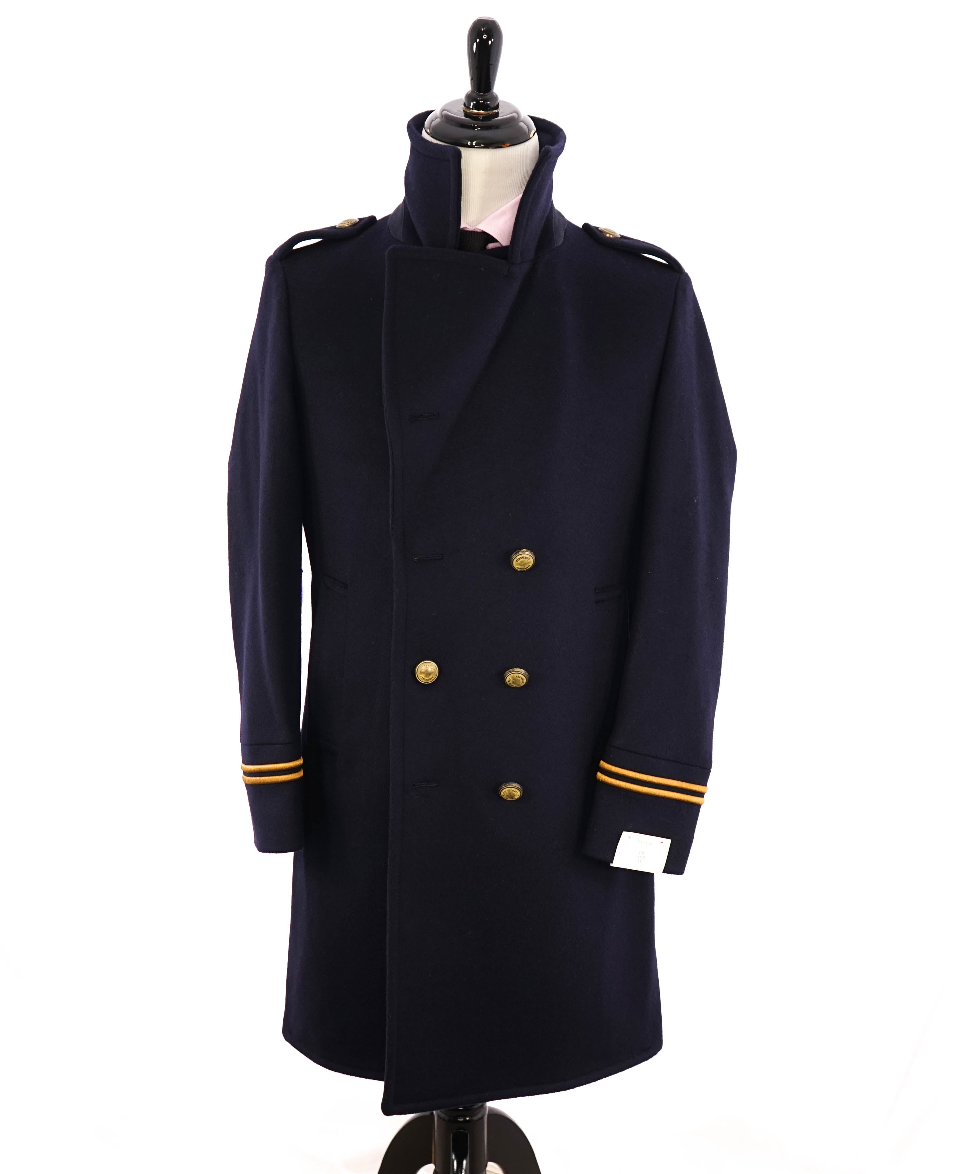 $2,000 ELEVENTY - Navy/Gold CASHMERE/Wool  Pilot/Aviator Overcoat - 42R (52EU)