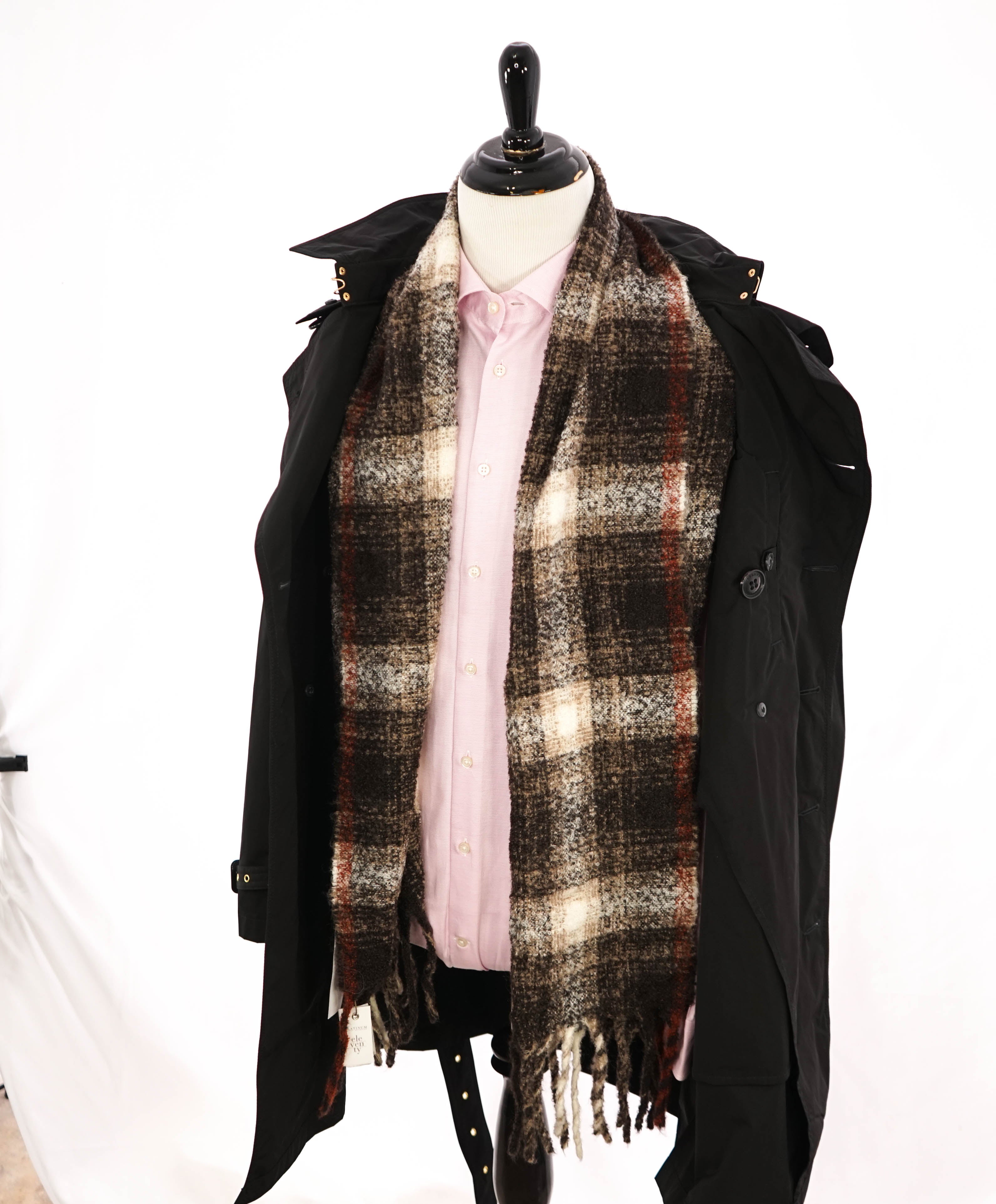 $395 ELEVENTY - ALPACA / WOOL Brown/Ivory/Red Plaid Check Scarf - N/A