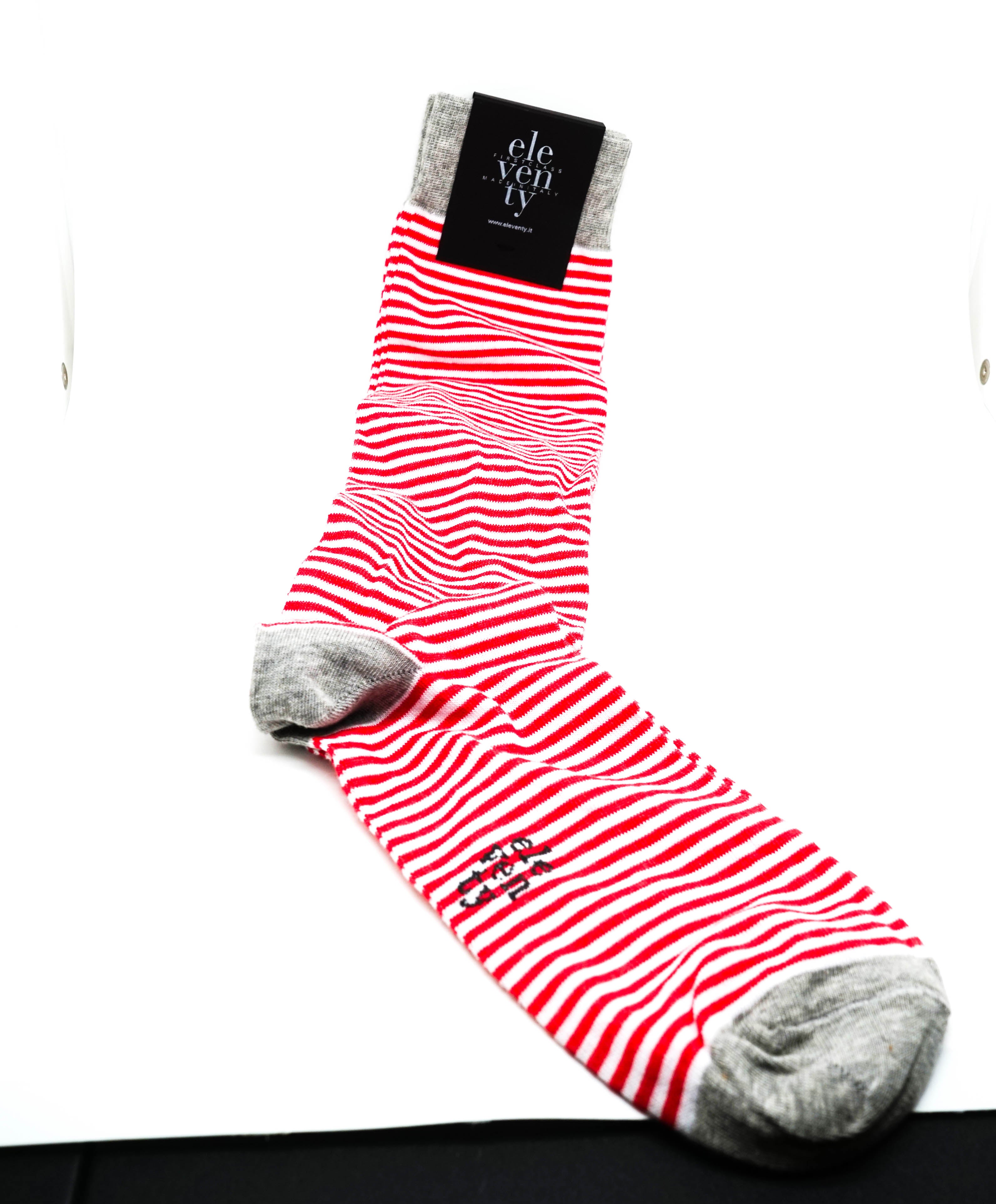 $59 ELEVENTY - Tall Long White & Red Stripe Dress Socks - N/A