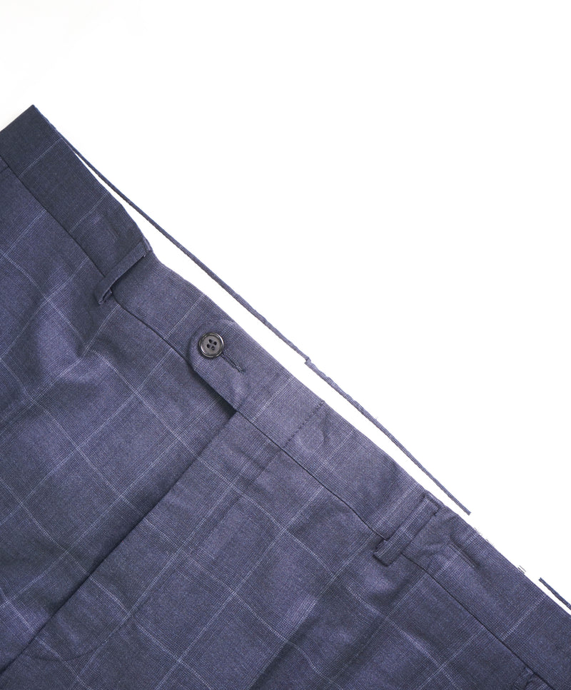 HICKEY FREEMAN - Mid Blue Windowpane Check Wool Flat Front Dress Pants - 36W