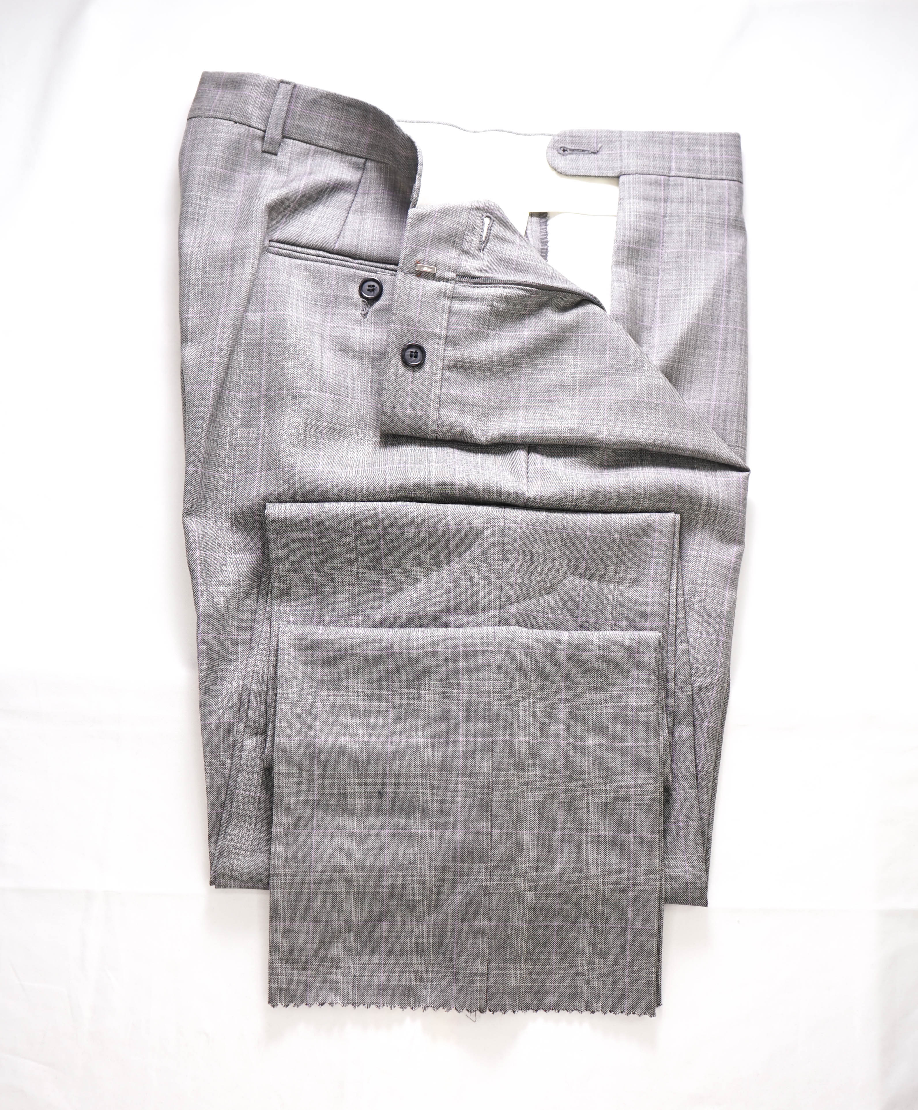 HICKEY FREEMAN -  Gray/Pink Plaid Check Wool Flat Front Dress Pants - 34W