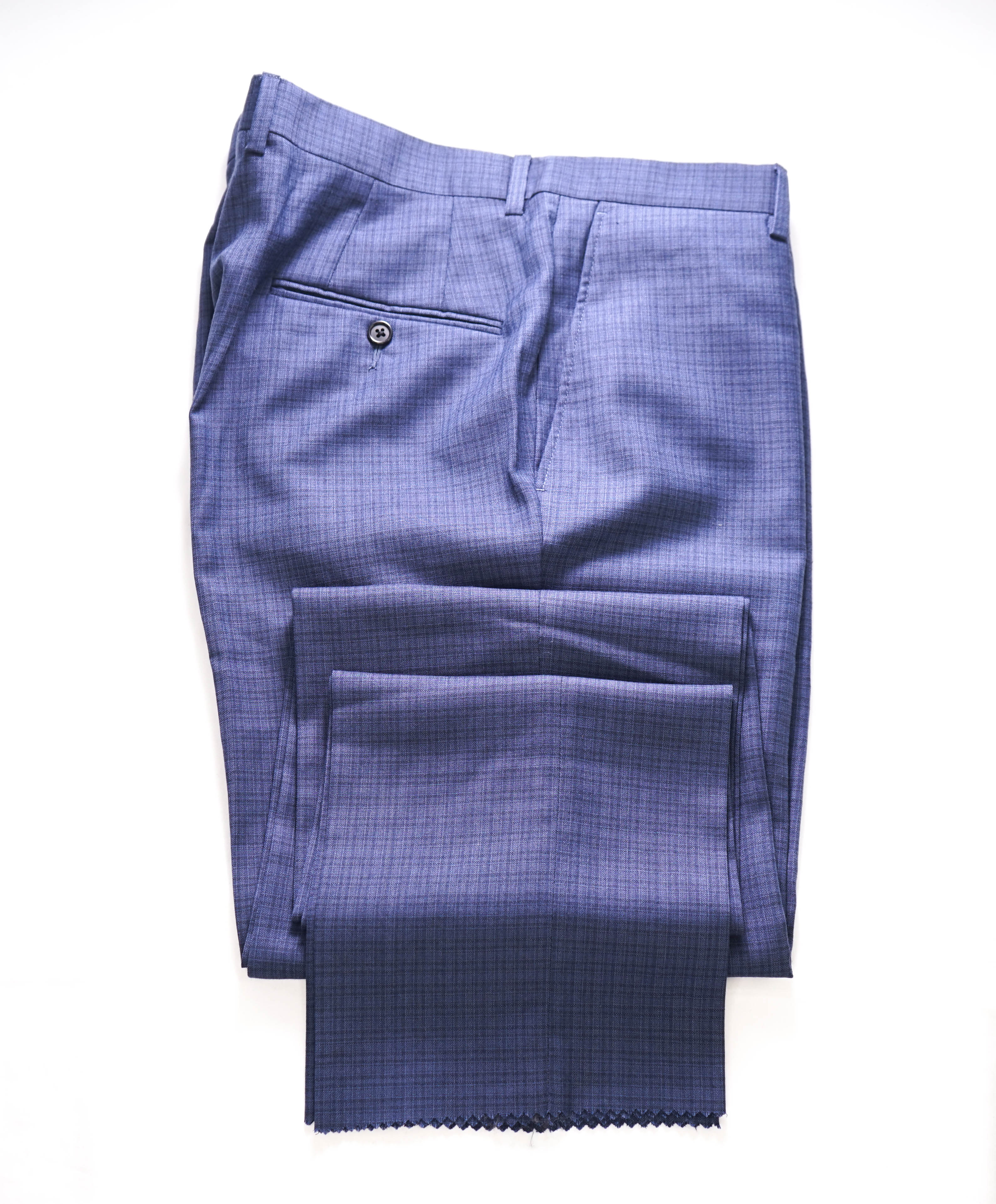 HICKEY FREEMAN - Medium Blue Check Plaid Wool Flat Front Dress Pants - 36W