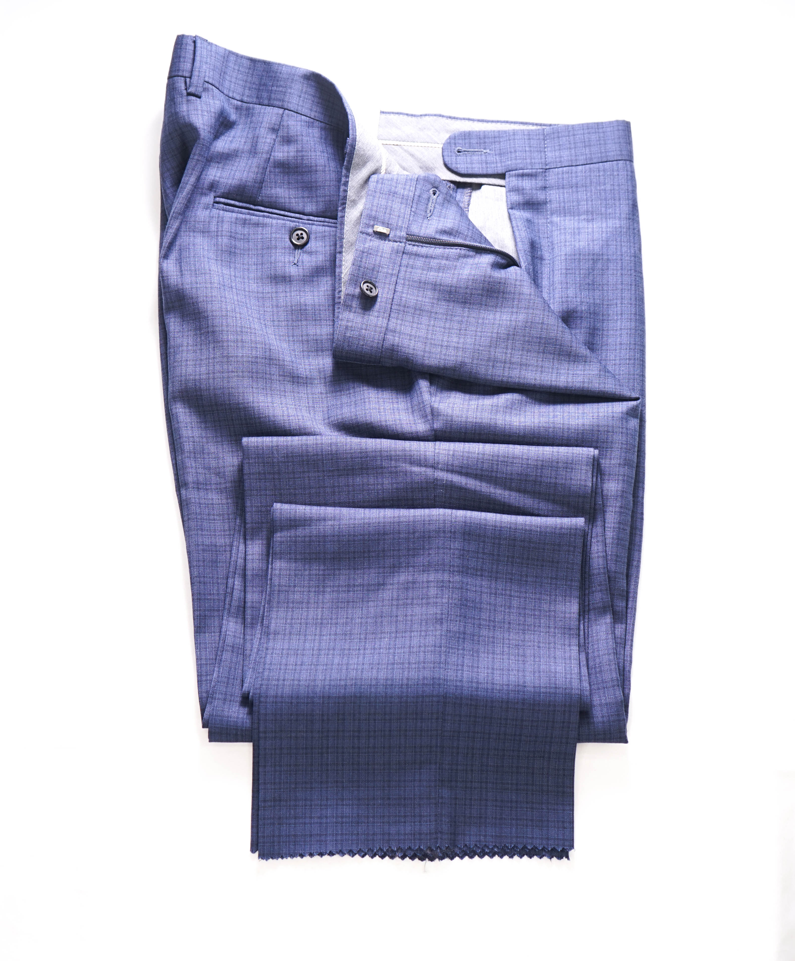 HICKEY FREEMAN - Medium Blue Check Plaid Wool Flat Front Dress Pants - 36W