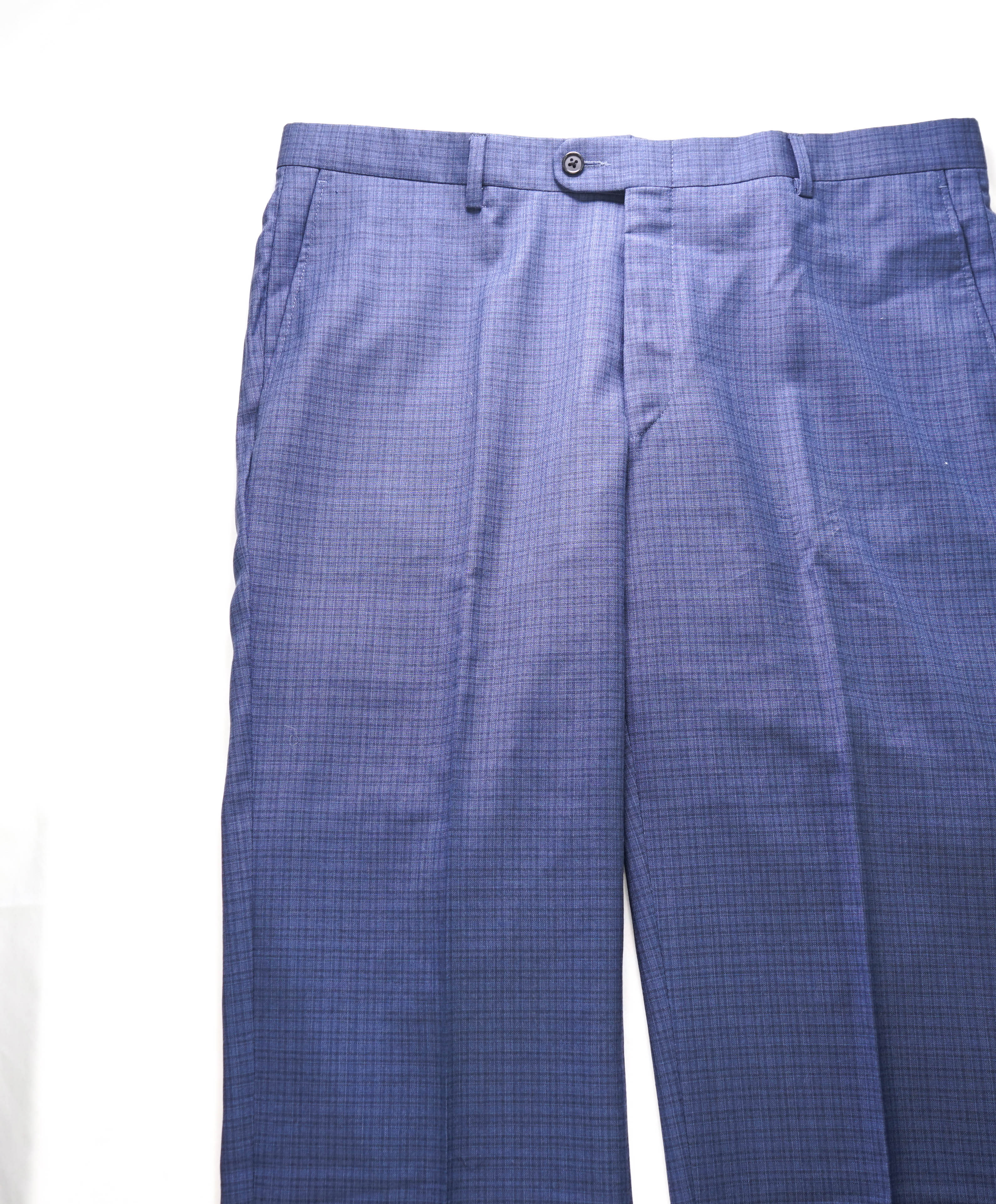 HICKEY FREEMAN - Medium Blue Check Plaid Wool Flat Front Dress Pants - 36W