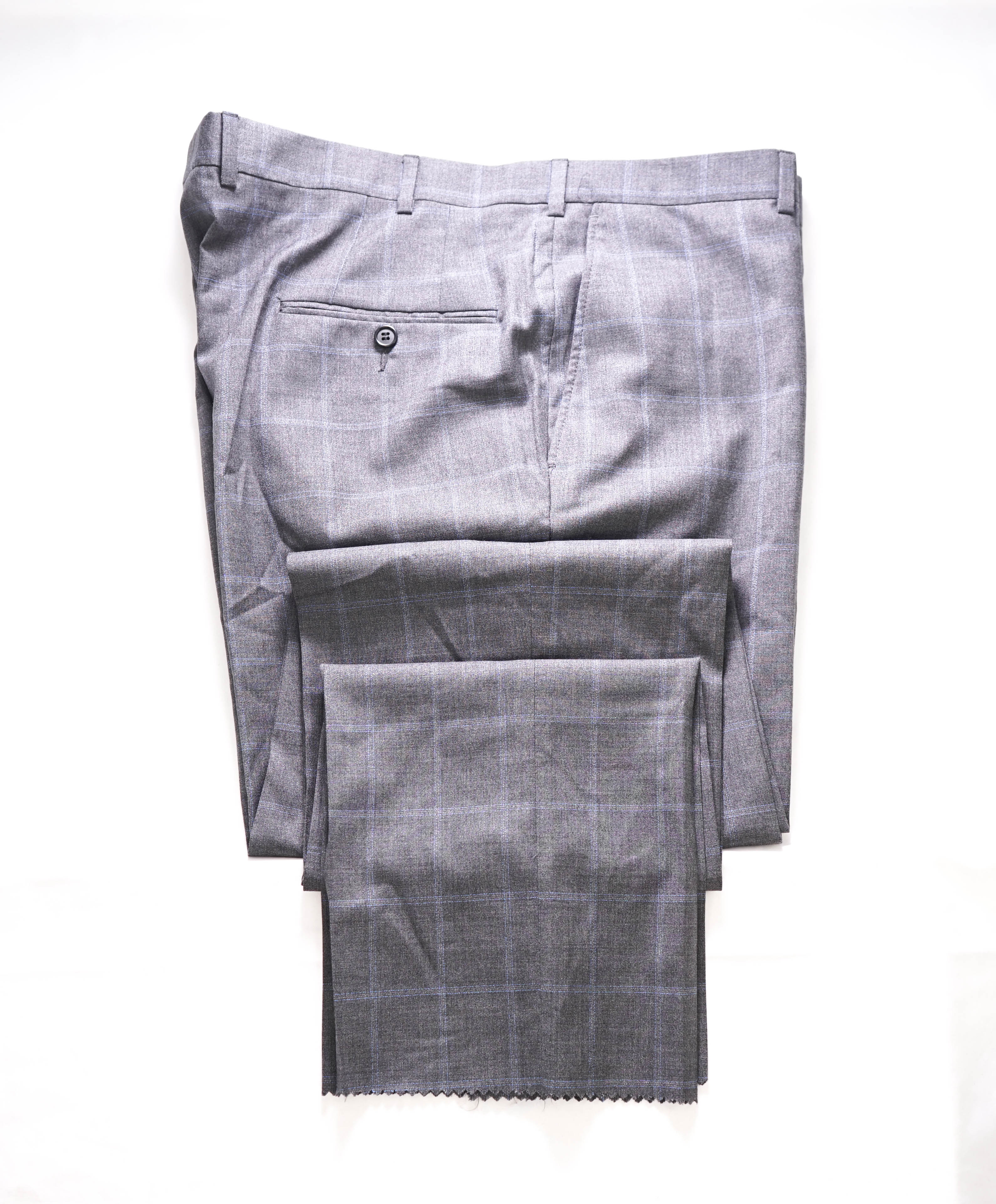 HICKEY FREEMAN - Gray & Blue Windowpane Wool Flat Front Dress Pants - 40W