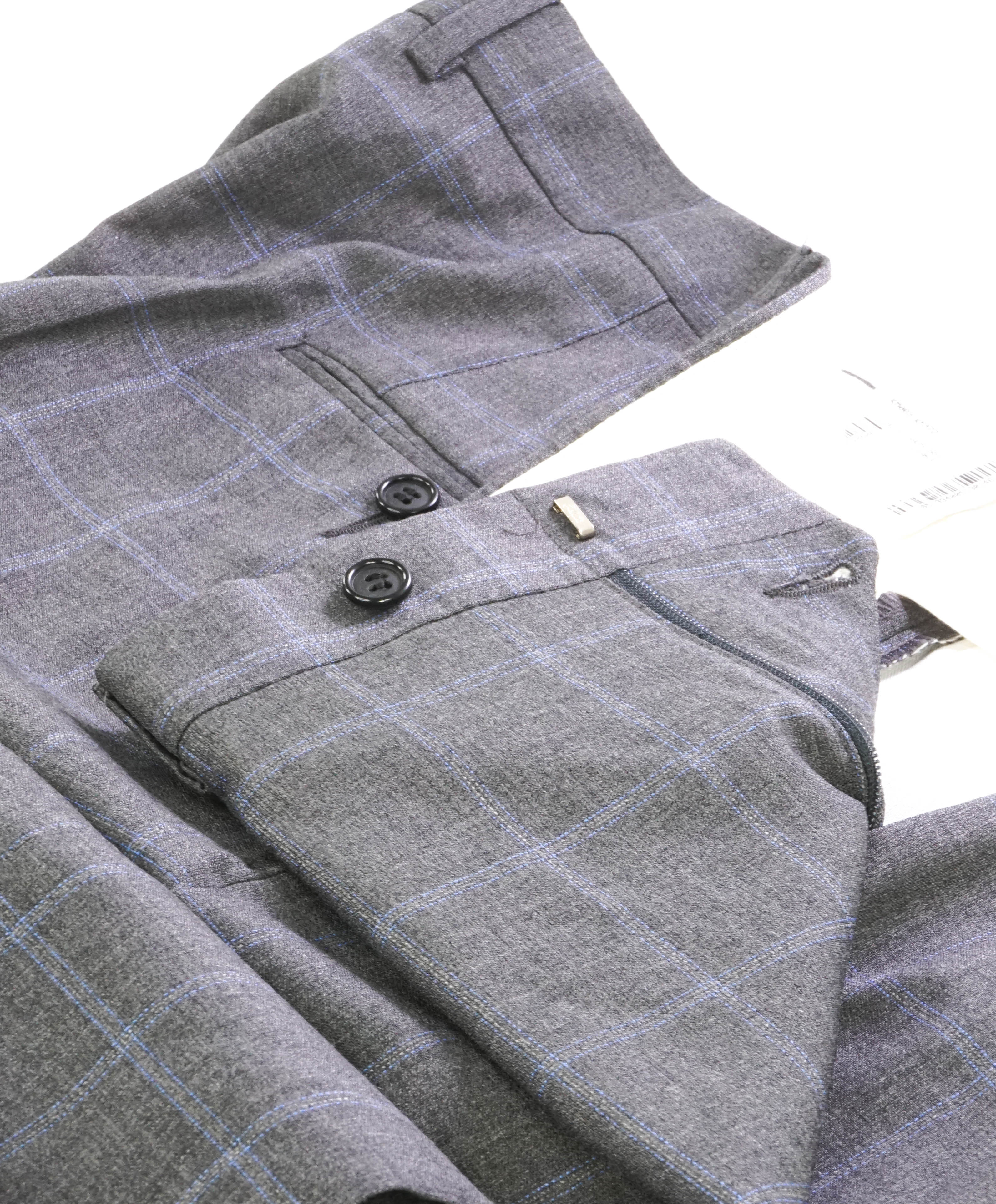 HICKEY FREEMAN - Gray & Blue Windowpane Wool Flat Front Dress Pants - 40W