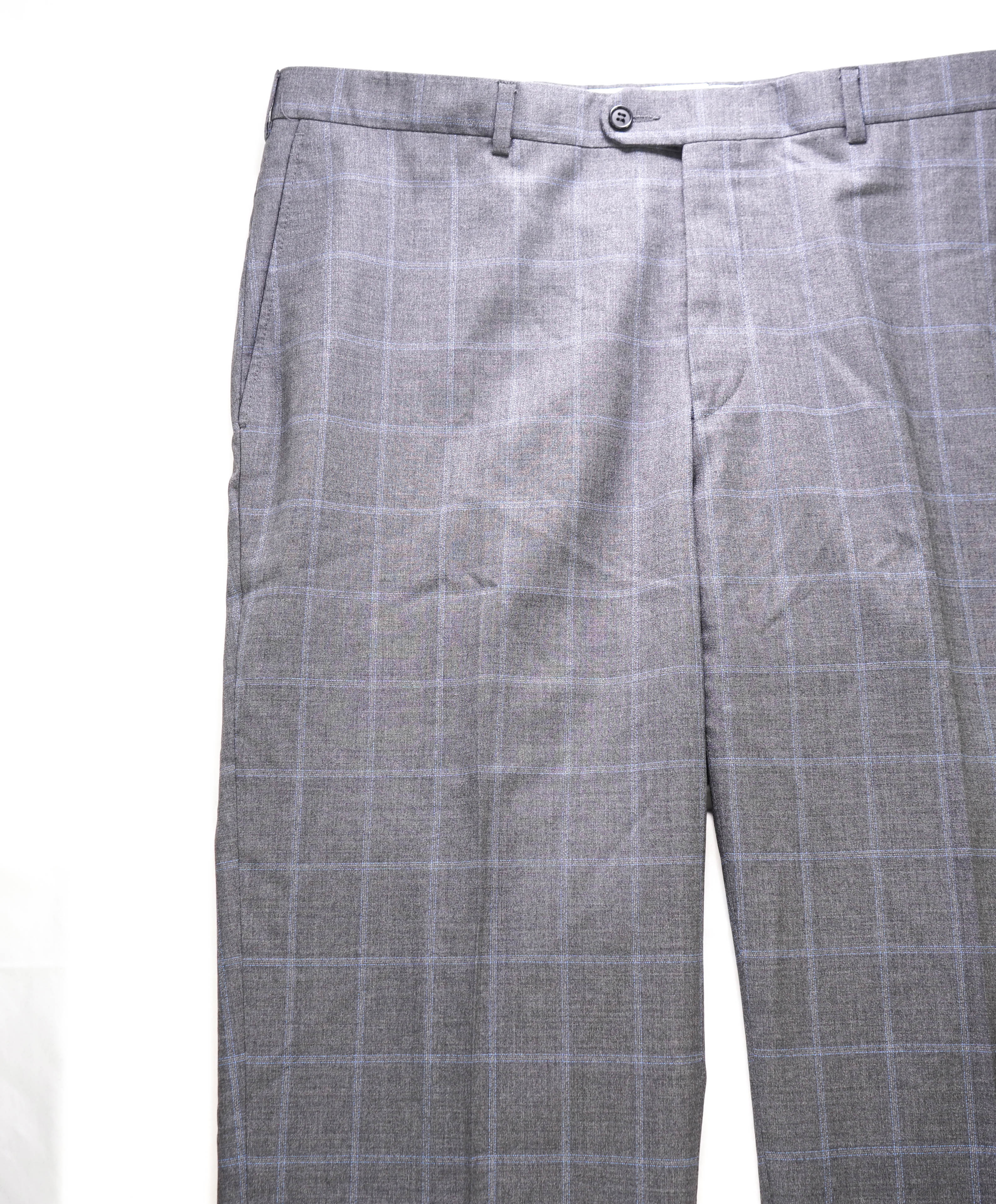 HICKEY FREEMAN - Gray & Blue Windowpane Wool Flat Front Dress Pants - 40W