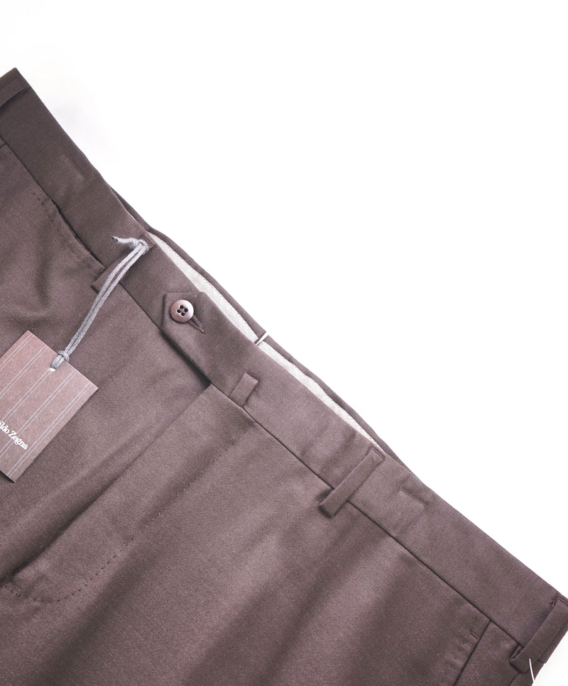 $795 ERMENEGILDO ZEGNA -Mdm Brown “TROFEO" Flat Front Wool Trousers- 40W