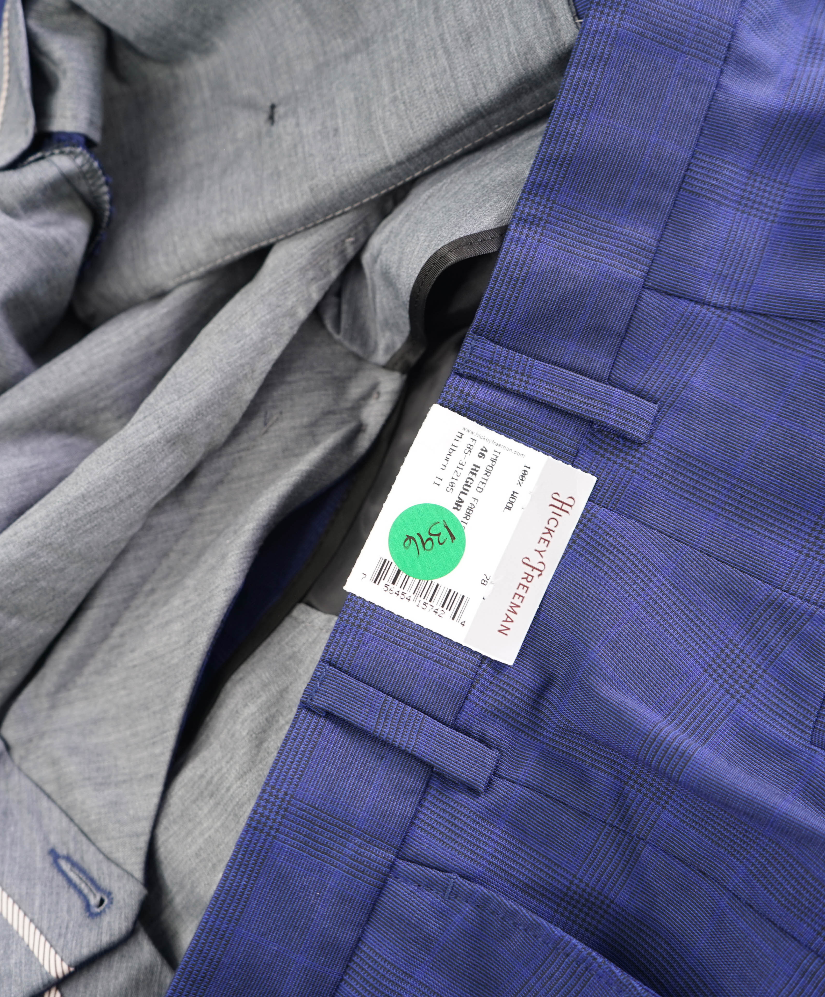 HICKEY FREEMAN -  Blue Plaid Check Wool Flat Front Dress Pants - 40W