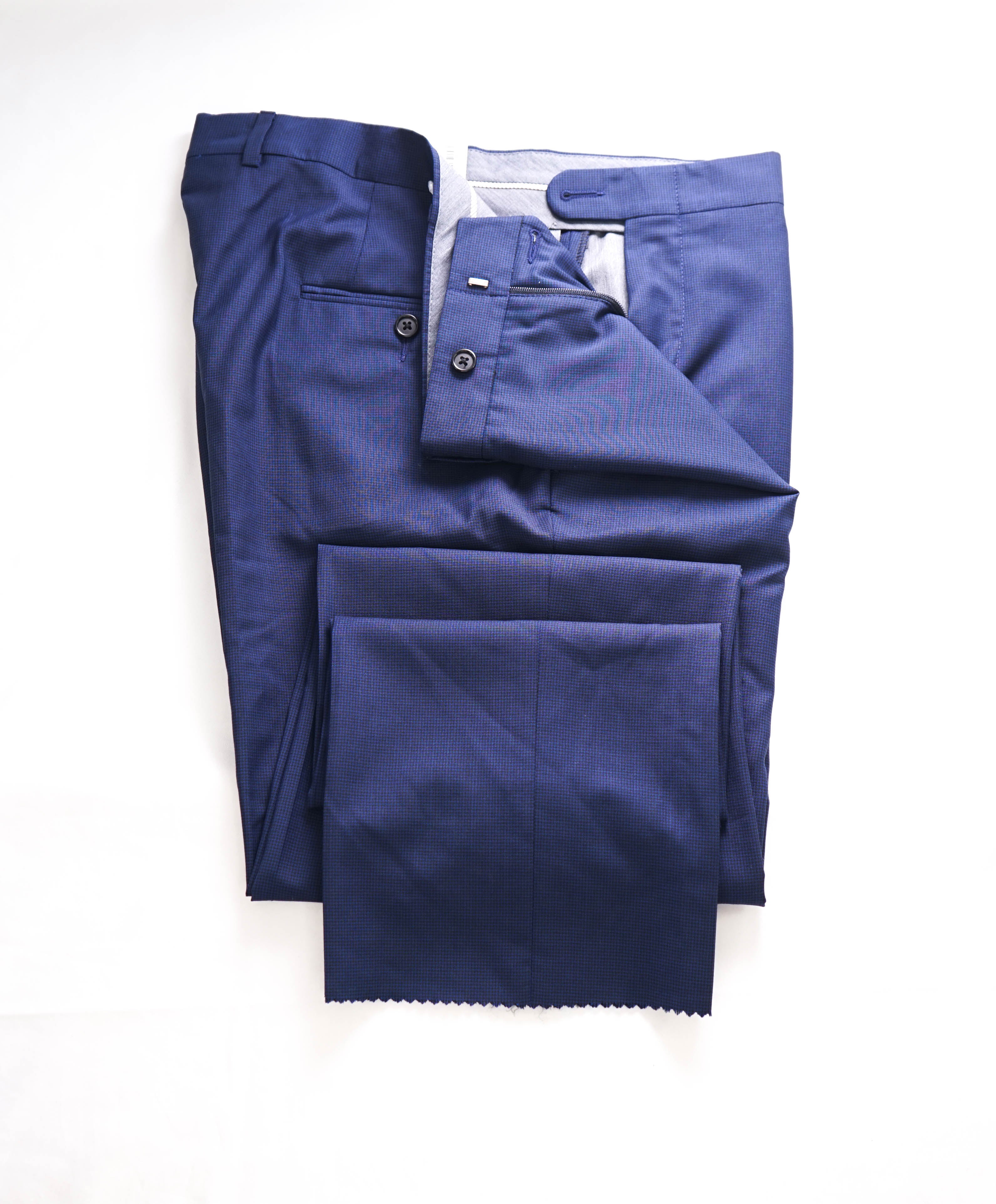 HICKEY FREEMAN -  Blue Micro Houndstooth Wool Flat Front Dress Pants - 36W