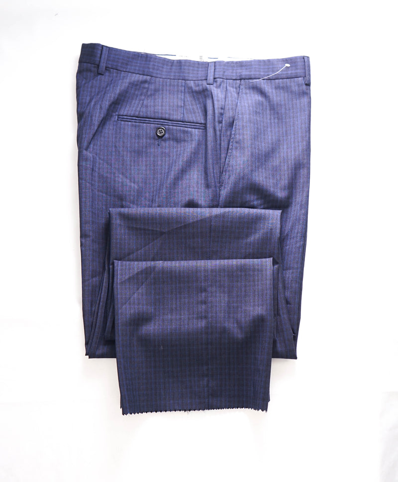 HICKEY FREEMAN -  Blue & Cobalt Check Wool Flat Front Dress Pants - 36W