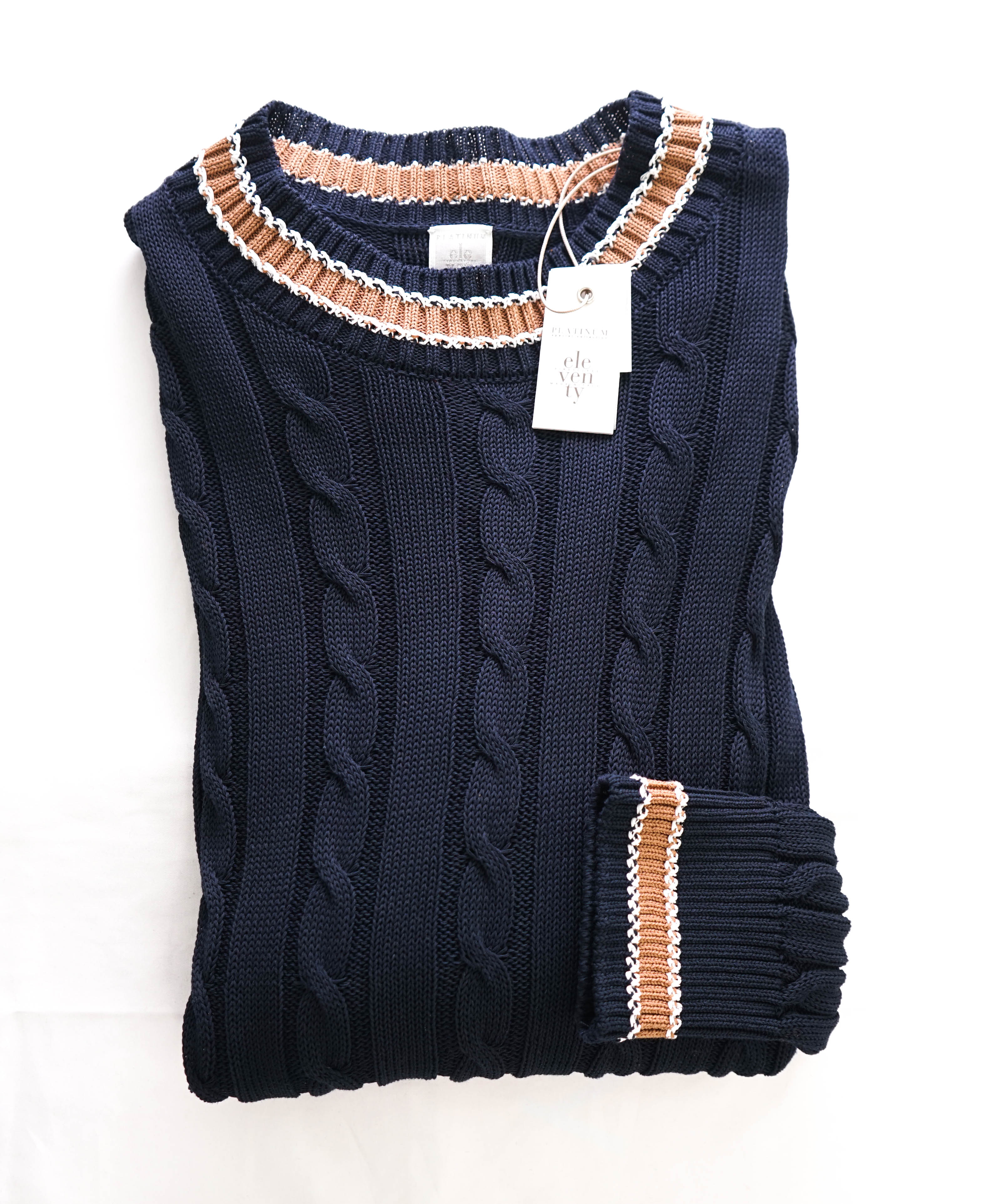 $445 ELEVENTY - Cable Knit Camel Tipped Crewneck Cotton Sweater - L