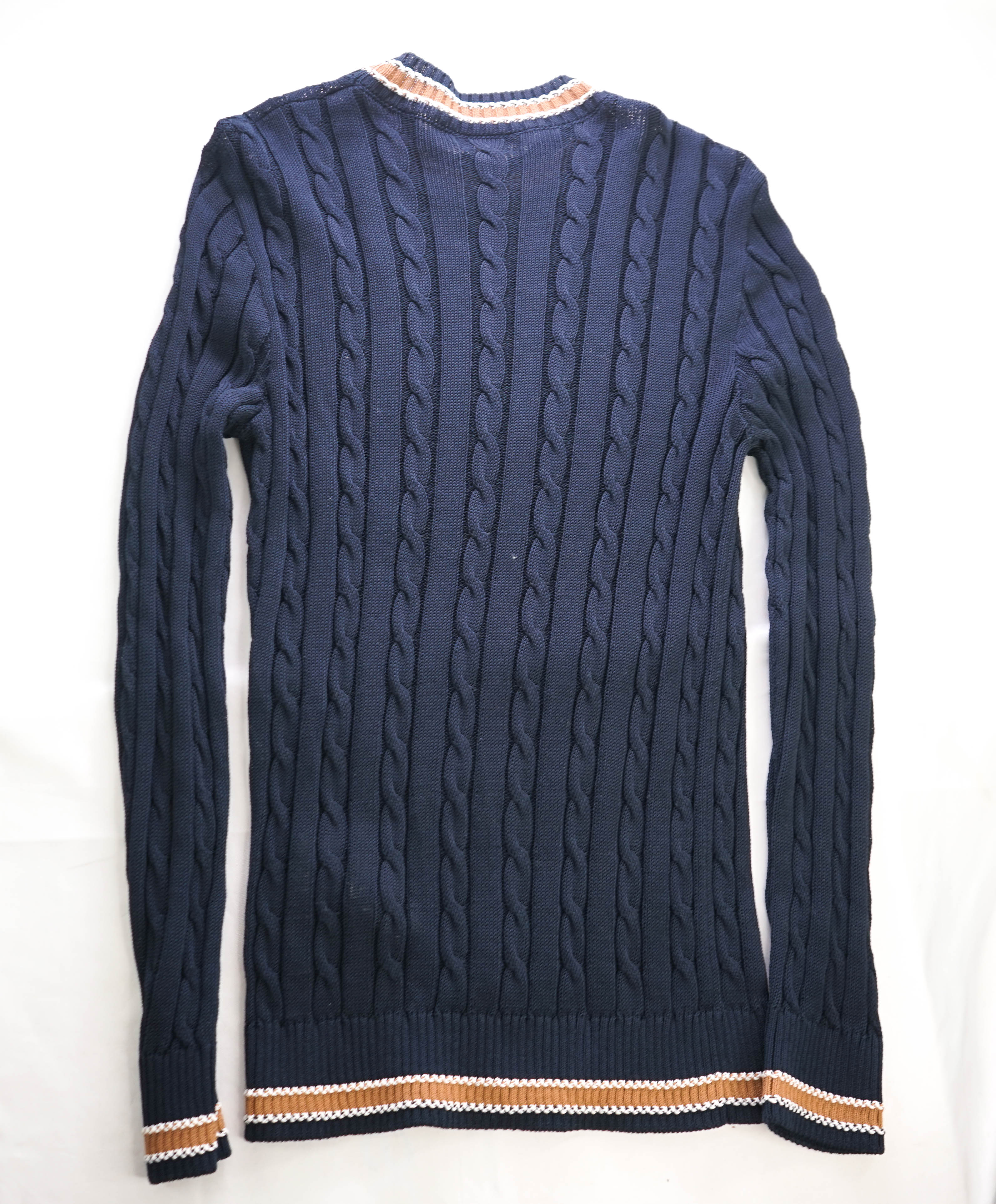 $445 ELEVENTY - Cable Knit Camel Tipped Crewneck Cotton Sweater - L