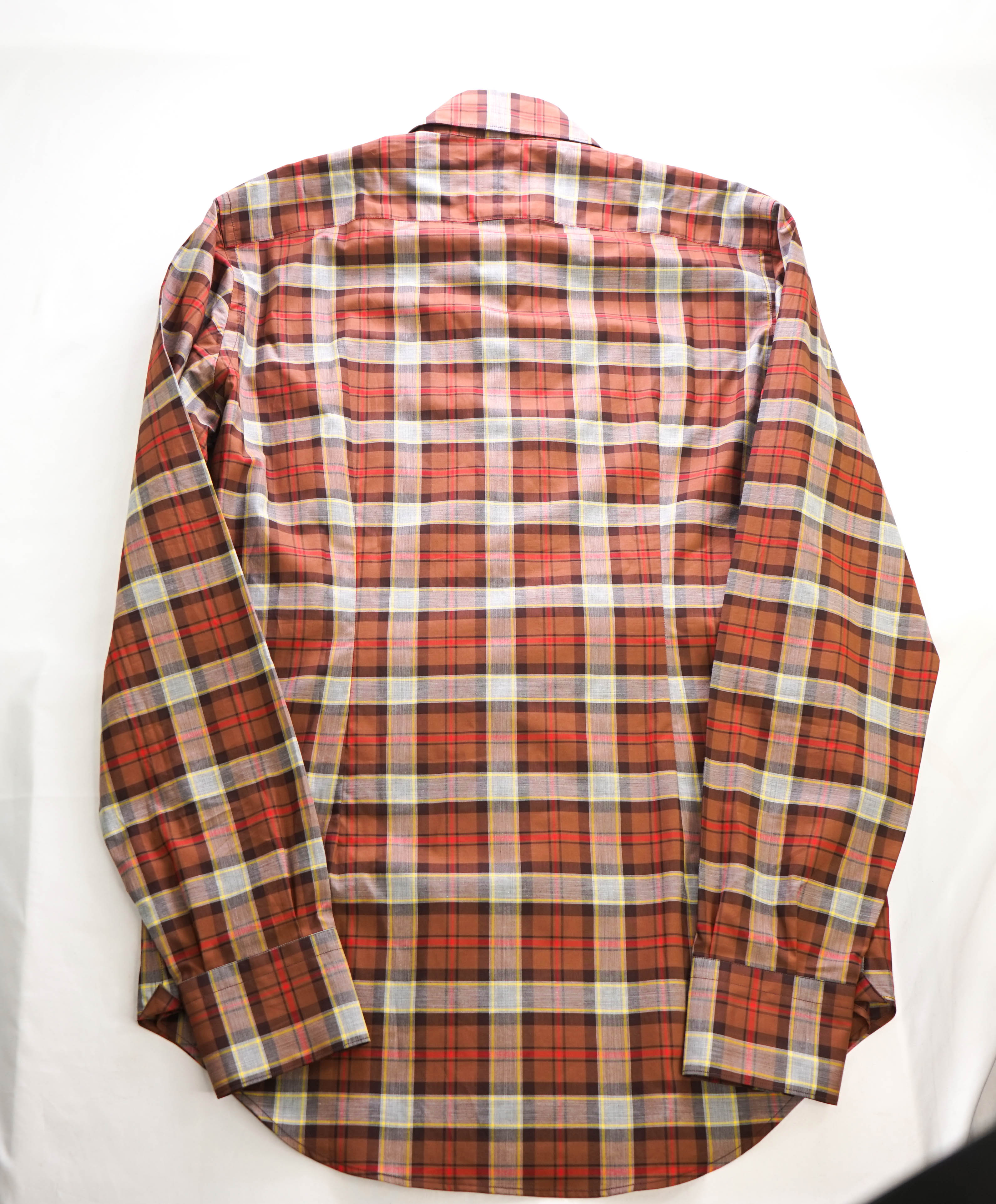 $395 ELEVENTY - Brown Check Plaid *Wide Spread Collar* Button Down Shirt - M