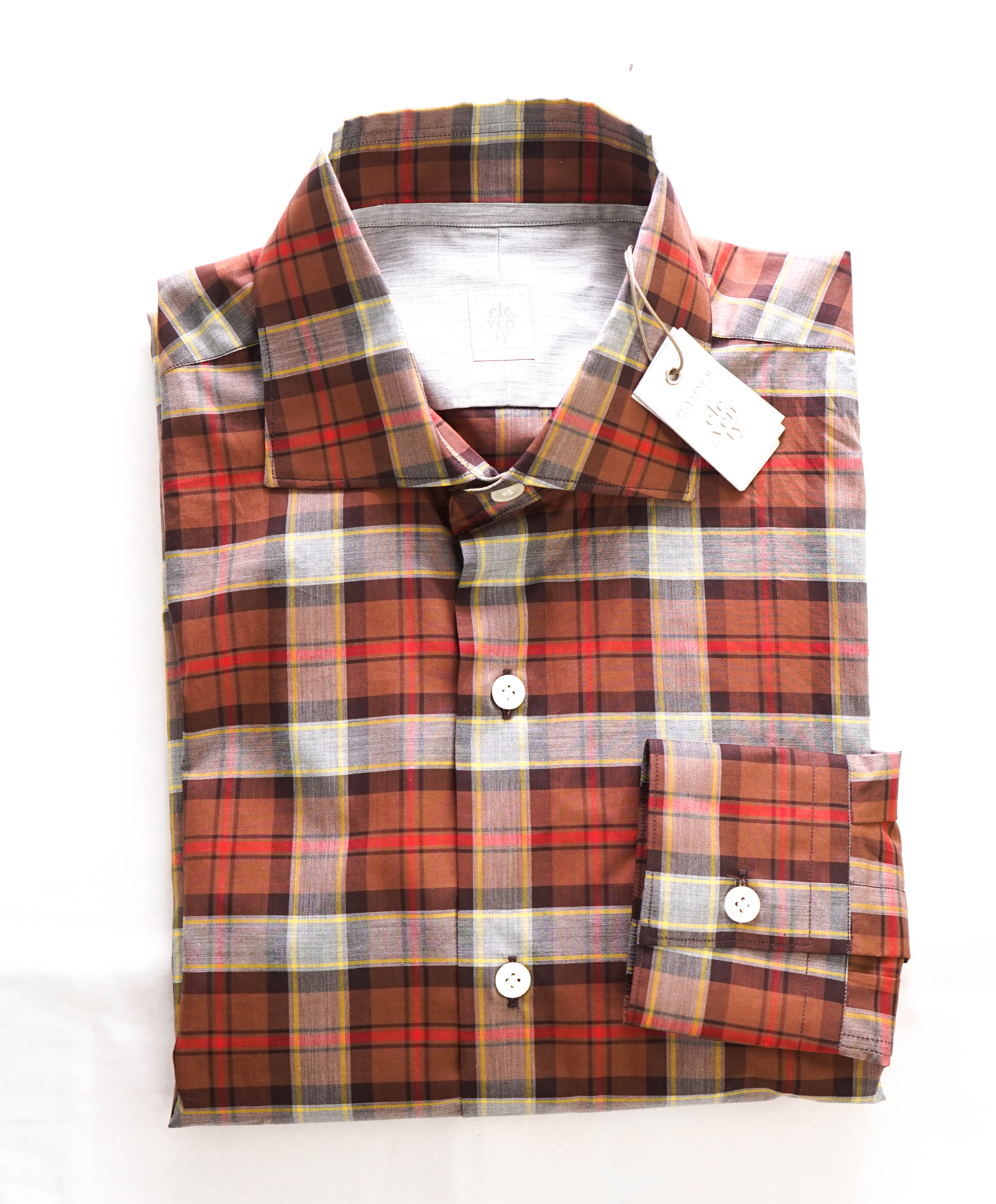 $395 ELEVENTY - Brown Check Plaid *Wide Spread Collar* Button Down Shirt - M