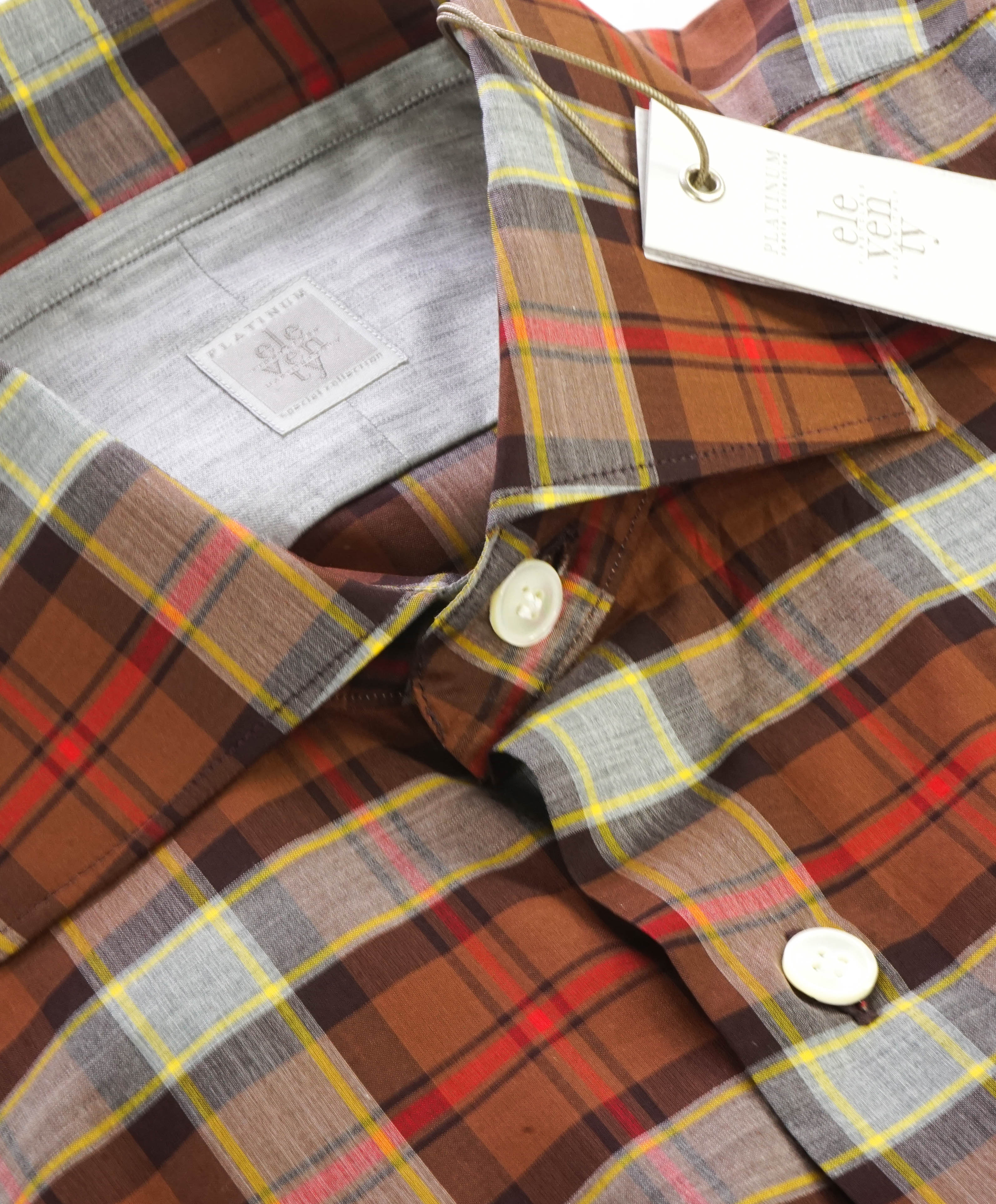 $395 ELEVENTY - Brown Check Plaid *Wide Spread Collar* Button Down Shirt - M