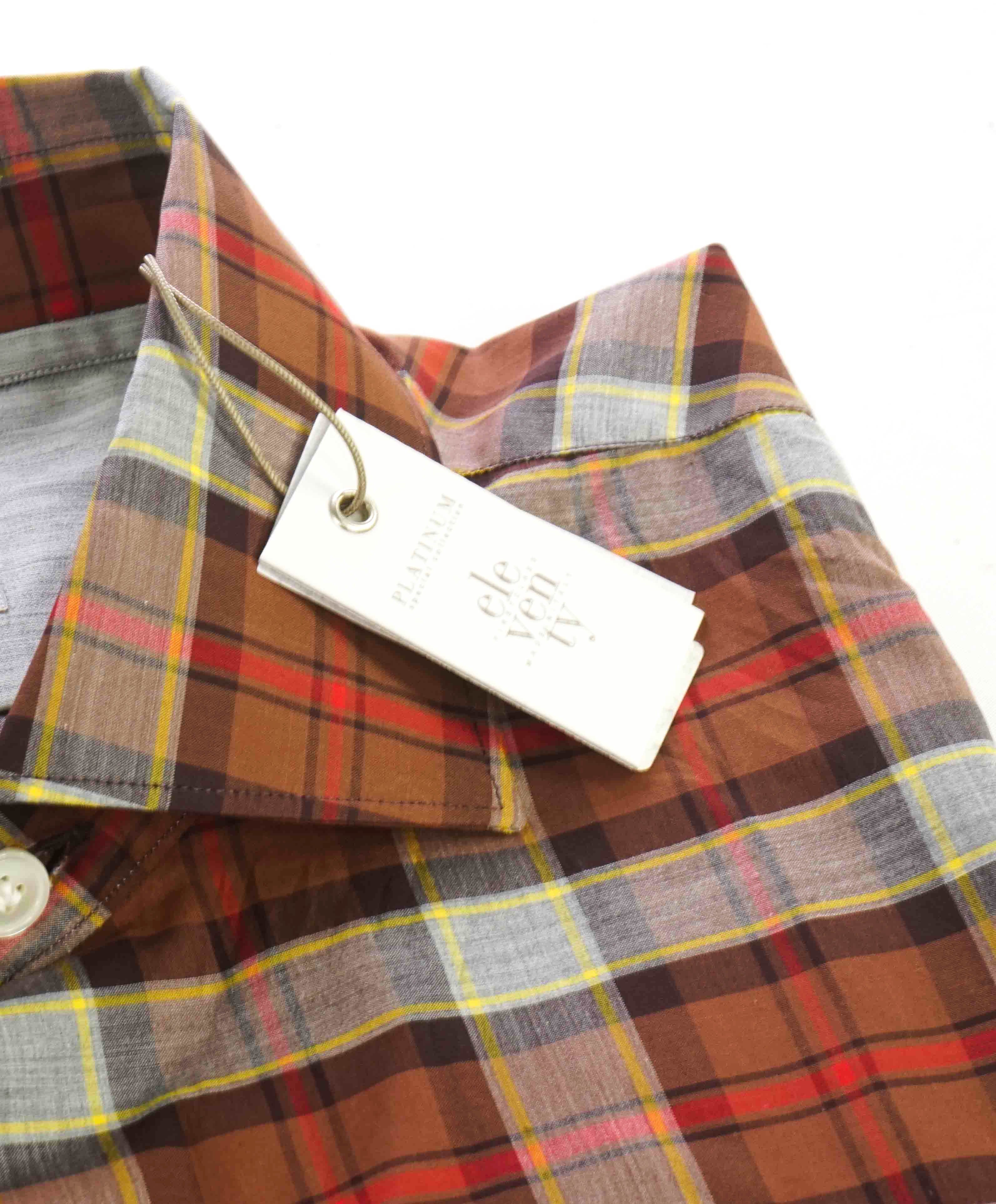 $395 ELEVENTY - Brown Check Plaid *Wide Spread Collar* Button Down Shirt - M