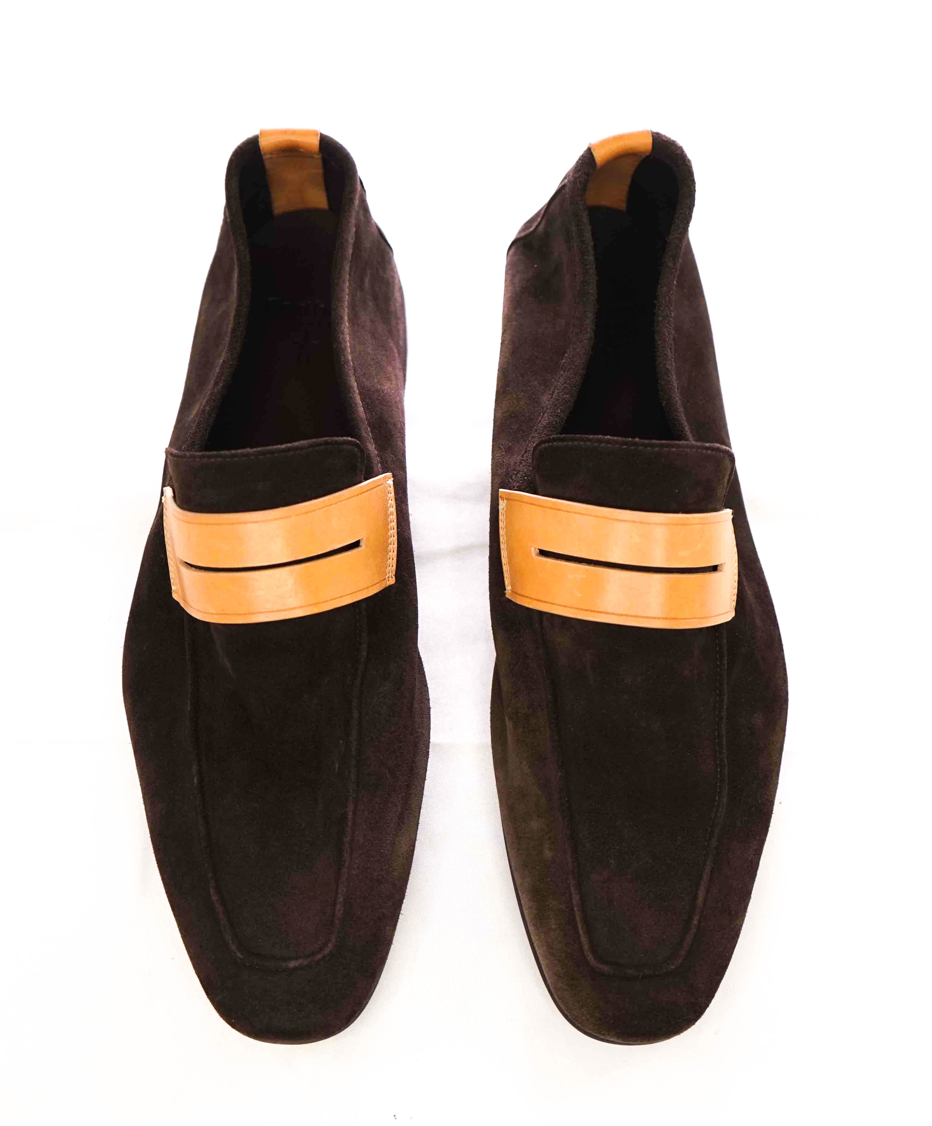 CORTHAY - Brown "VENETIAN Contrast PENNY LOAFER In Supple Suede - 11