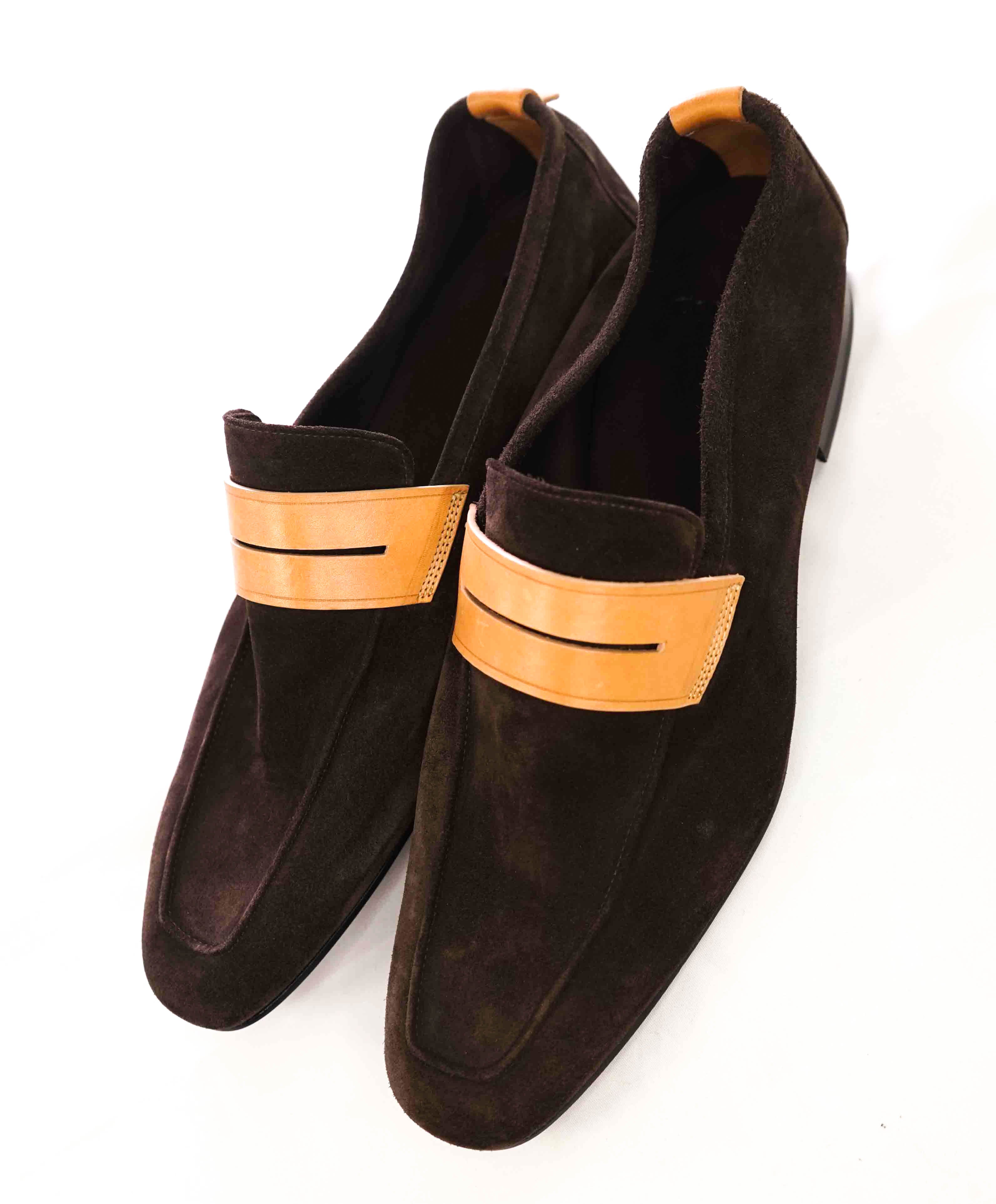 CORTHAY - Brown "VENETIAN Contrast PENNY LOAFER In Supple Suede - 11