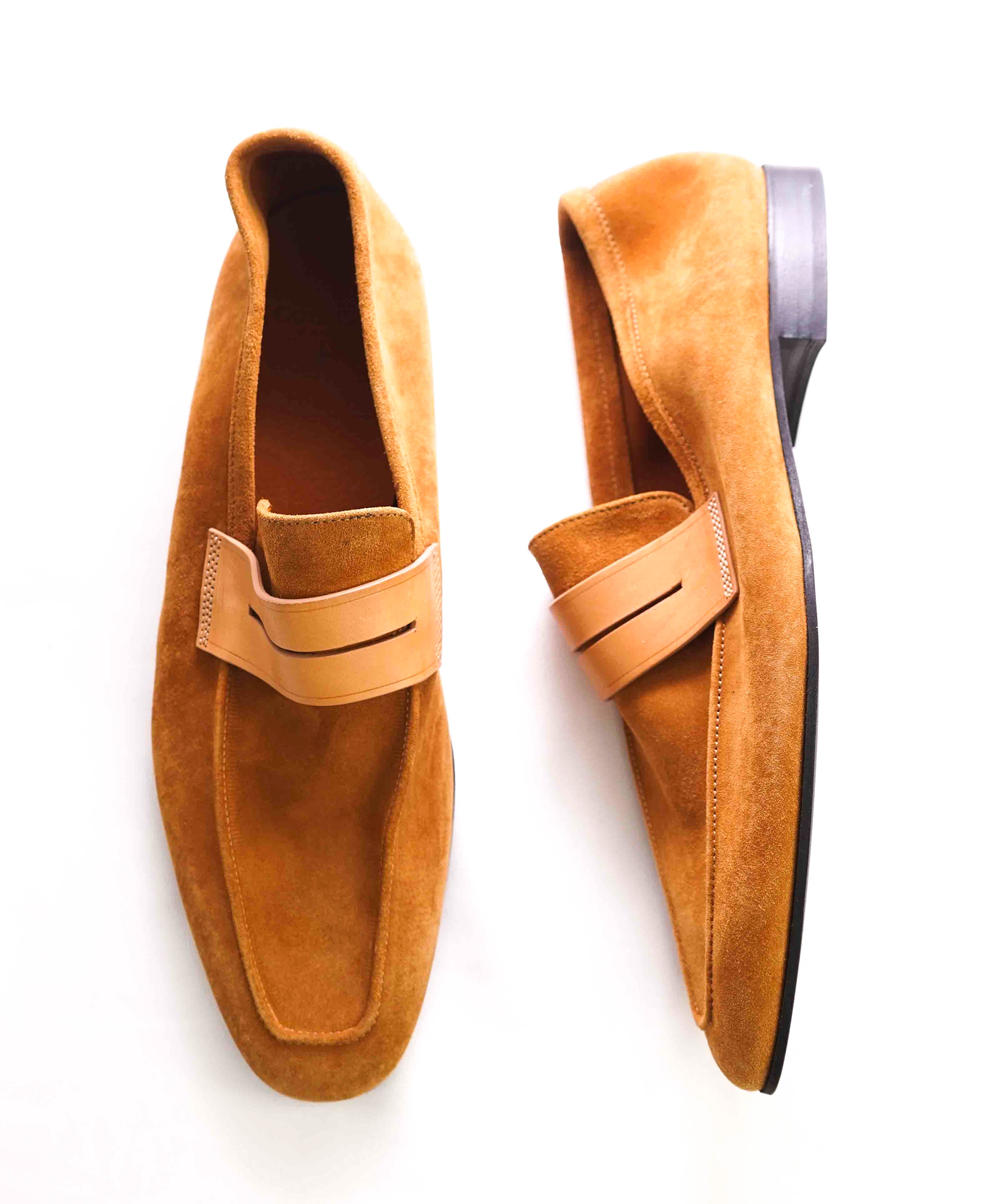 CORTHAY - Tobacco "VENETIAN Contrast PENNY LOAFER In Supple Suede - 11