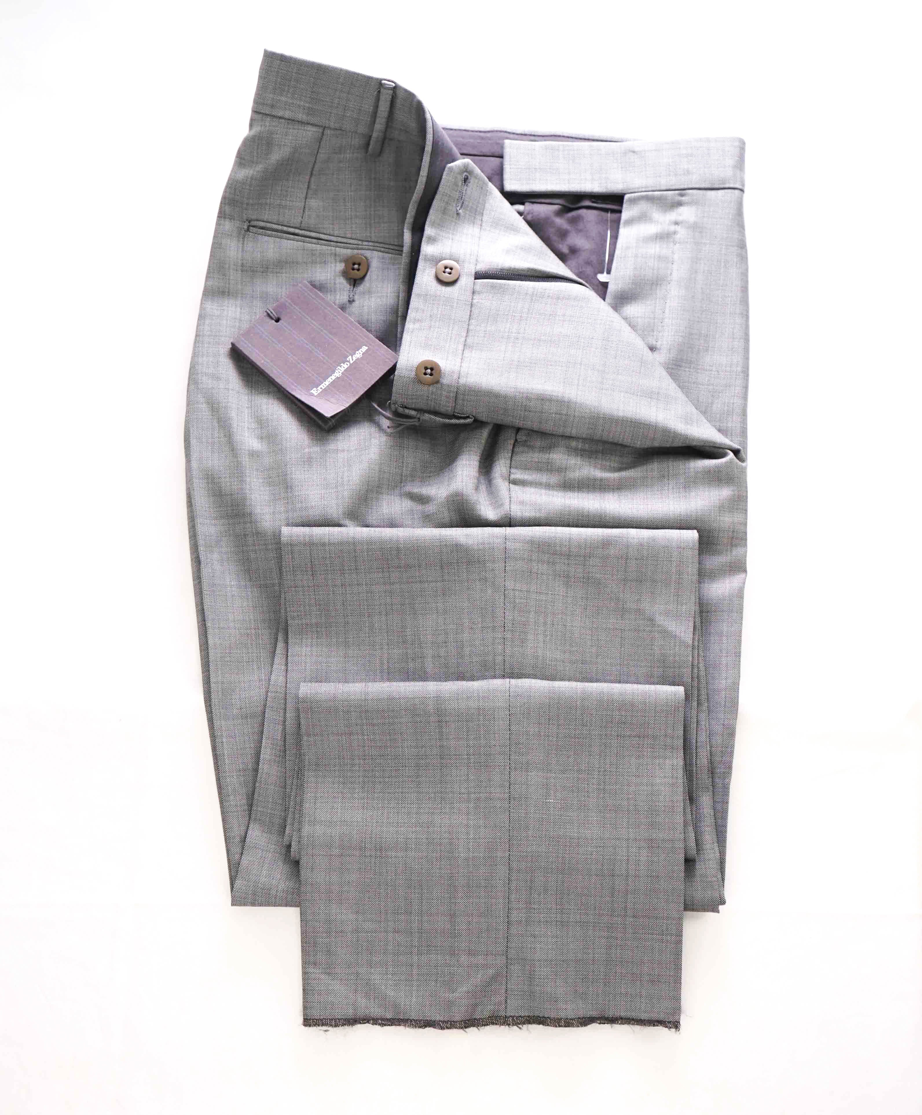 $795 ERMENEGILDO ZEGNA -Mdm Gray “TROFEO" Flat Front Wool Trousers- 33W