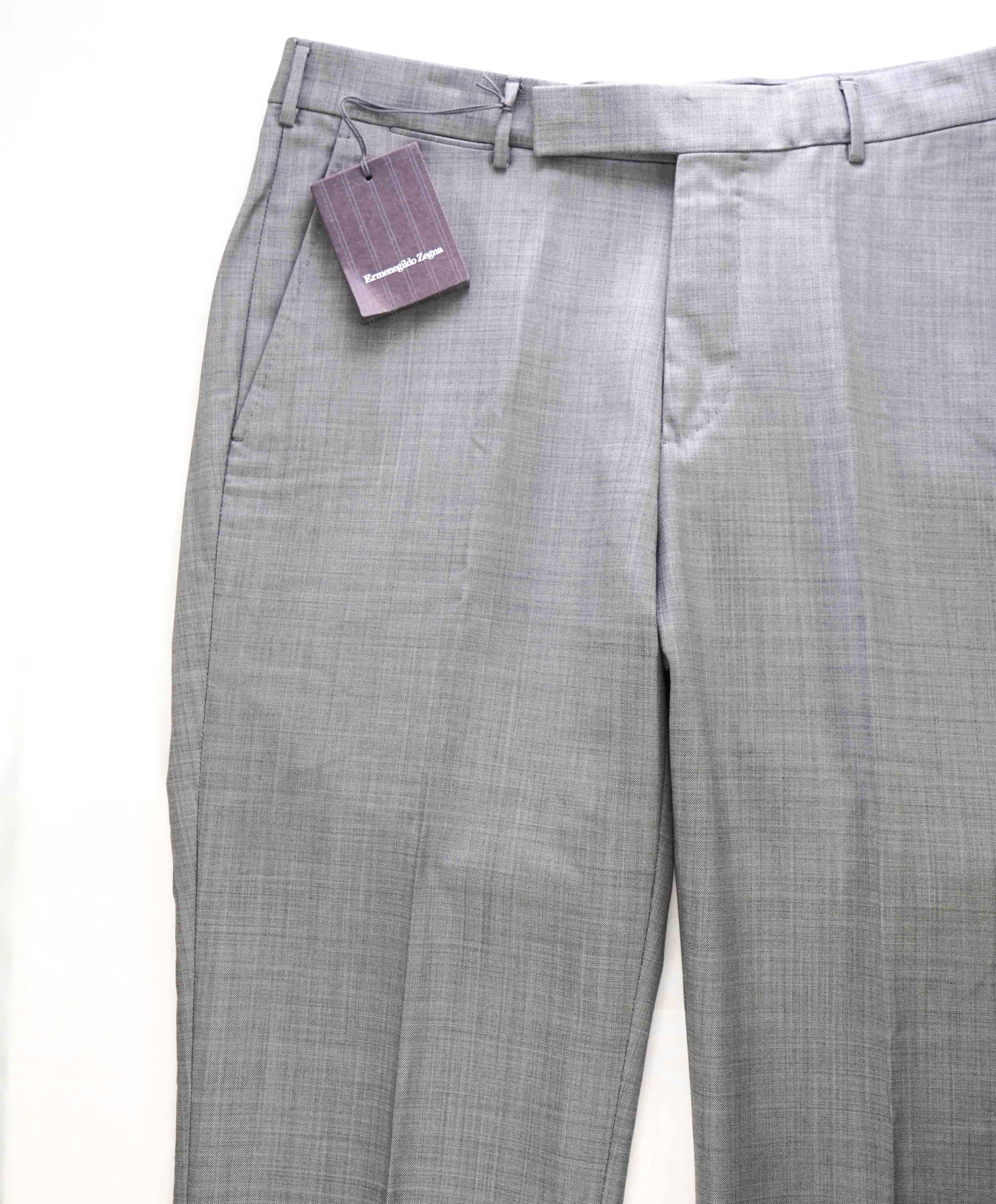 $795 ERMENEGILDO ZEGNA -Mdm Gray “TROFEO" Flat Front Wool Trousers- 33W