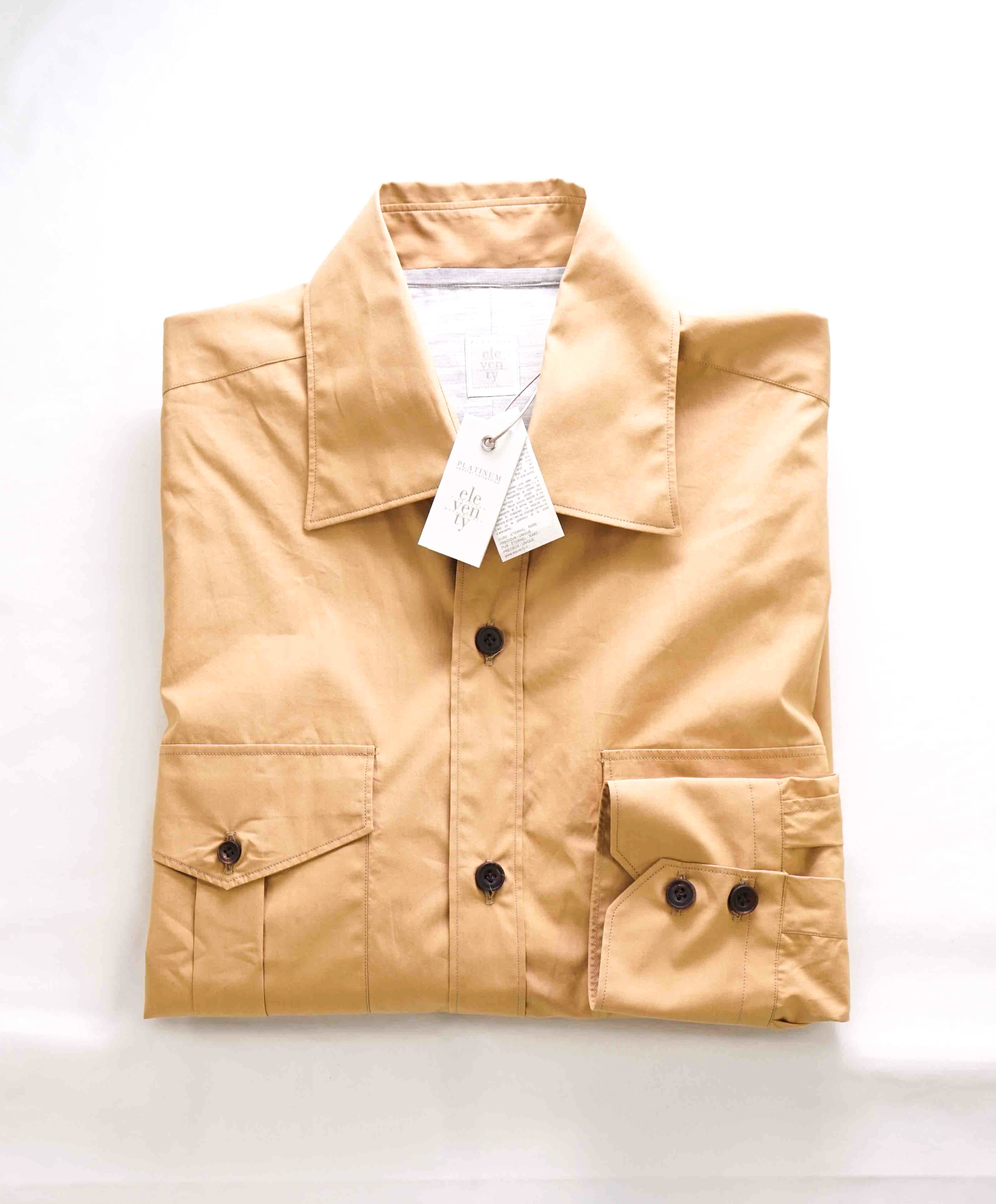 $395 ELEVENTY - Camel *Wide Spread Collar* Button Military Style Shirt - M