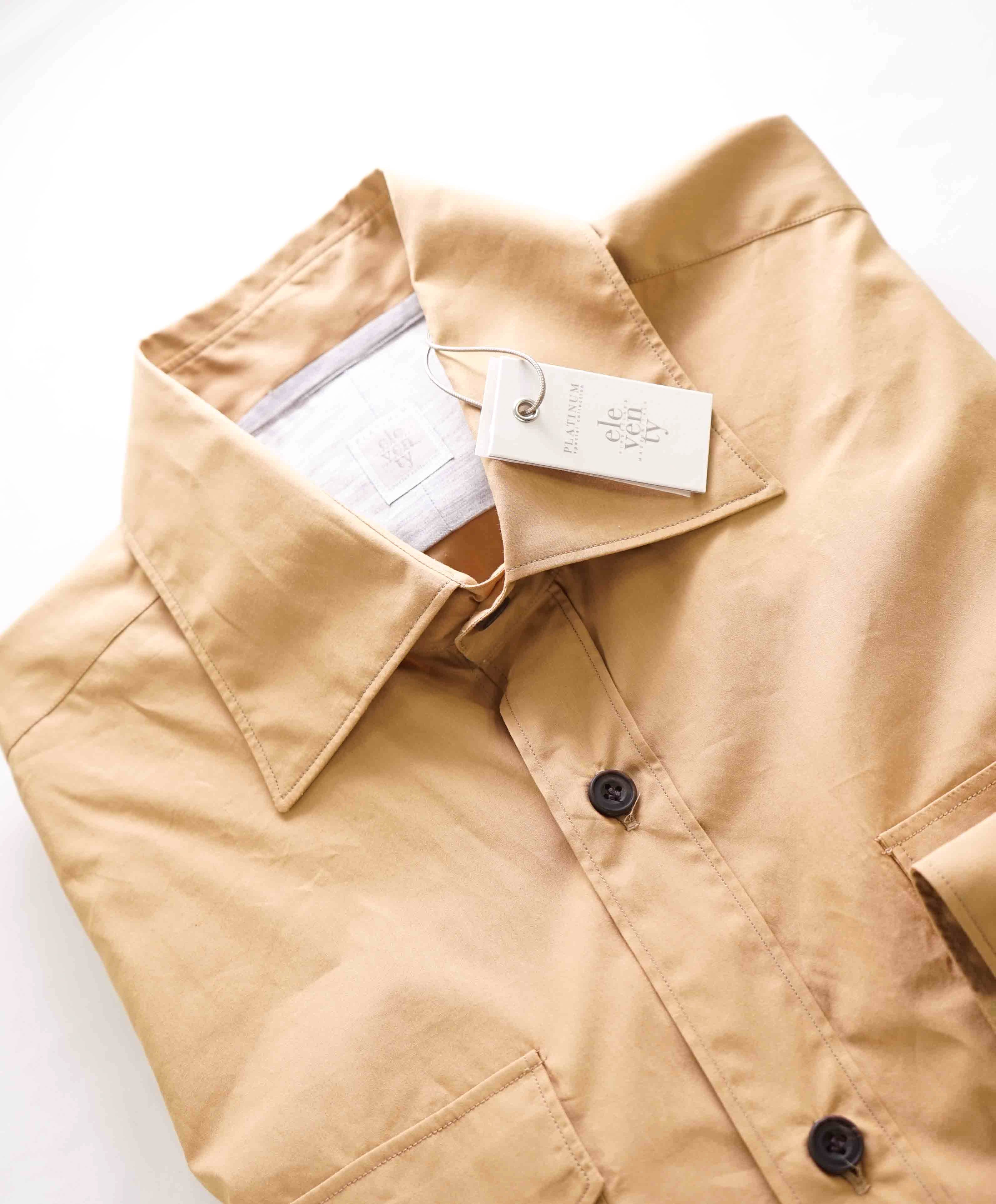 $395 ELEVENTY - Camel *Wide Spread Collar* Button Military Style Shirt - M