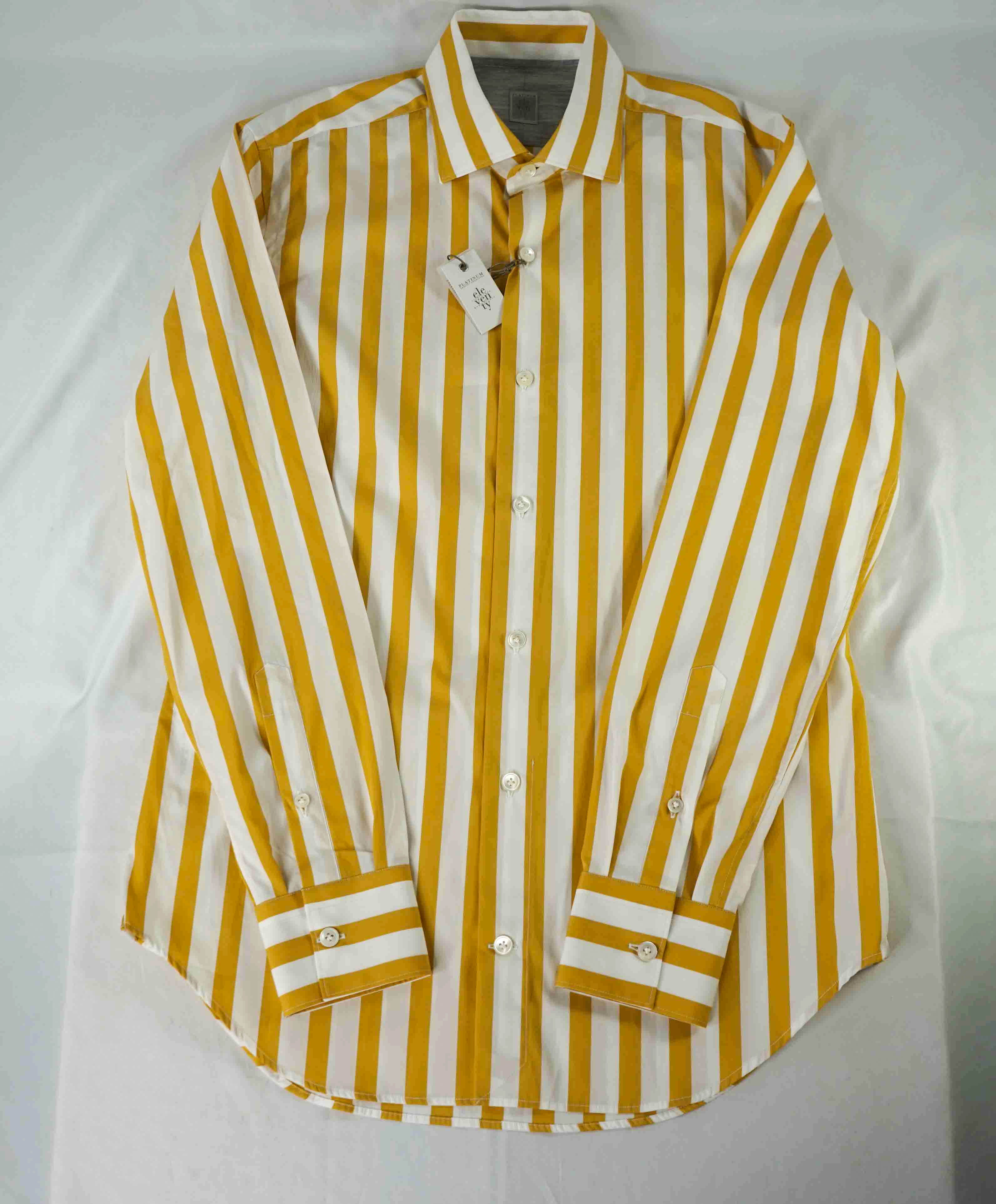 $395 ELEVENTY - Yellow/White *Wide Spread Collar* Broad Stripe Dress Shirt - M