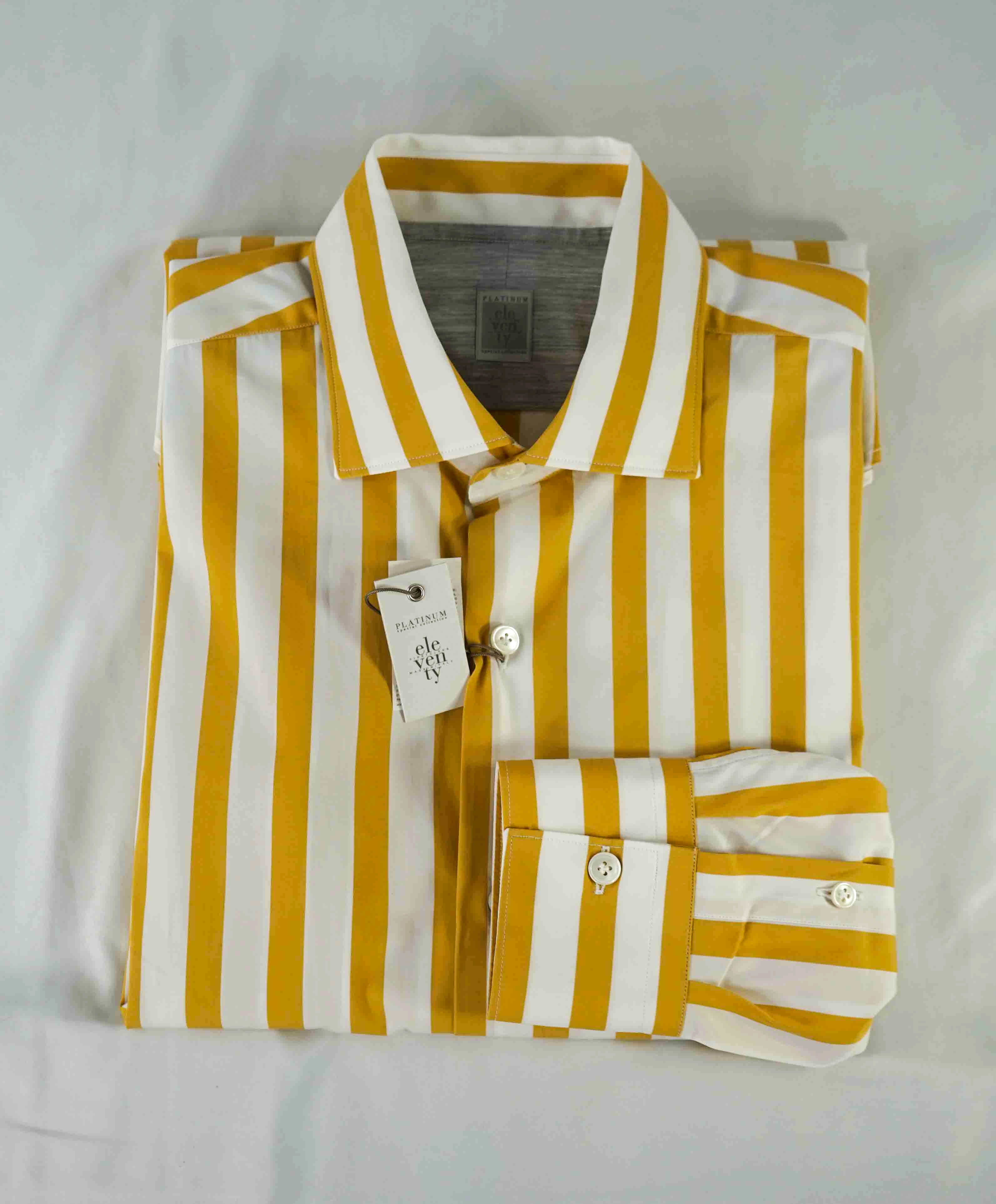 $395 ELEVENTY - Yellow/White *Wide Spread Collar* Broad Stripe Dress Shirt - M