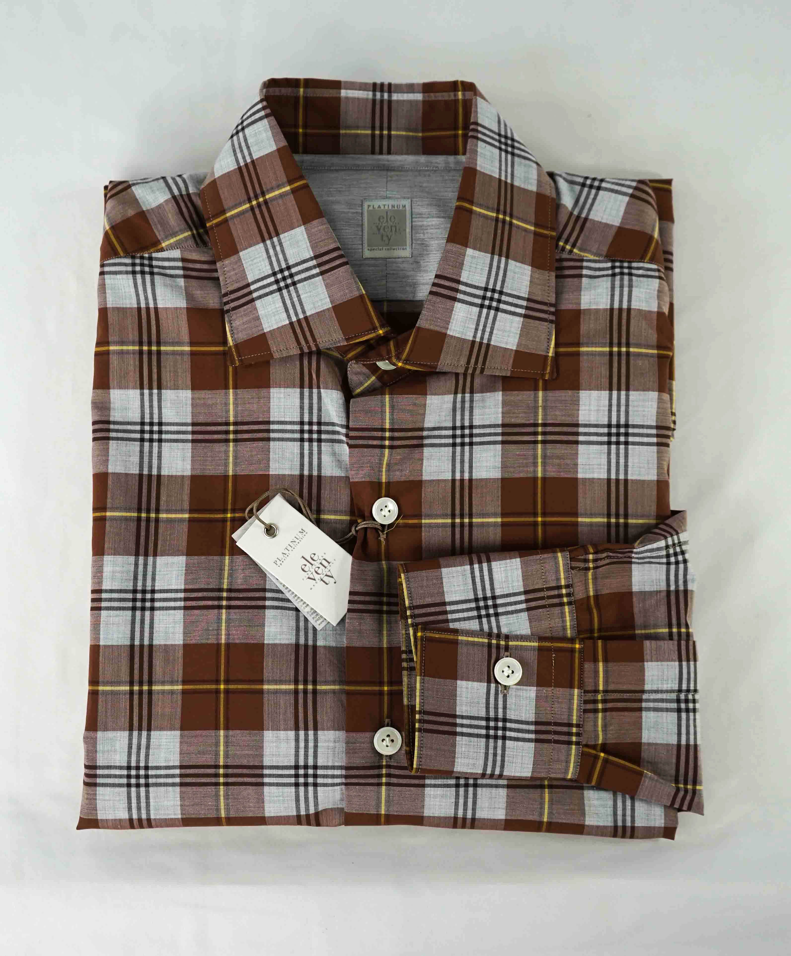 $395 ELEVENTY - Brown Check Plaid *Wide Spread Collar* Button Down Shirt - M