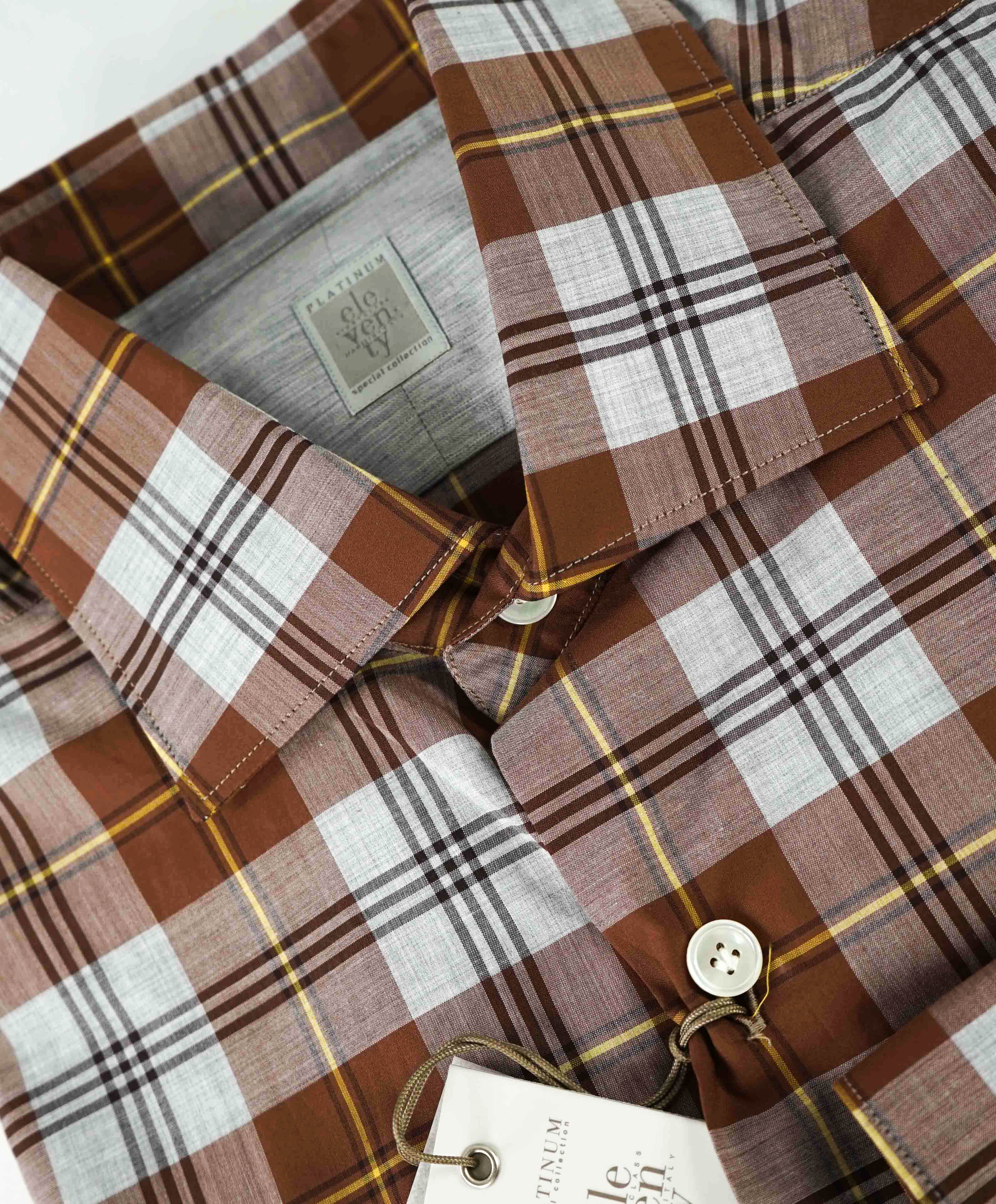 $395 ELEVENTY - Brown Check Plaid *Wide Spread Collar* Button Down Shirt - M