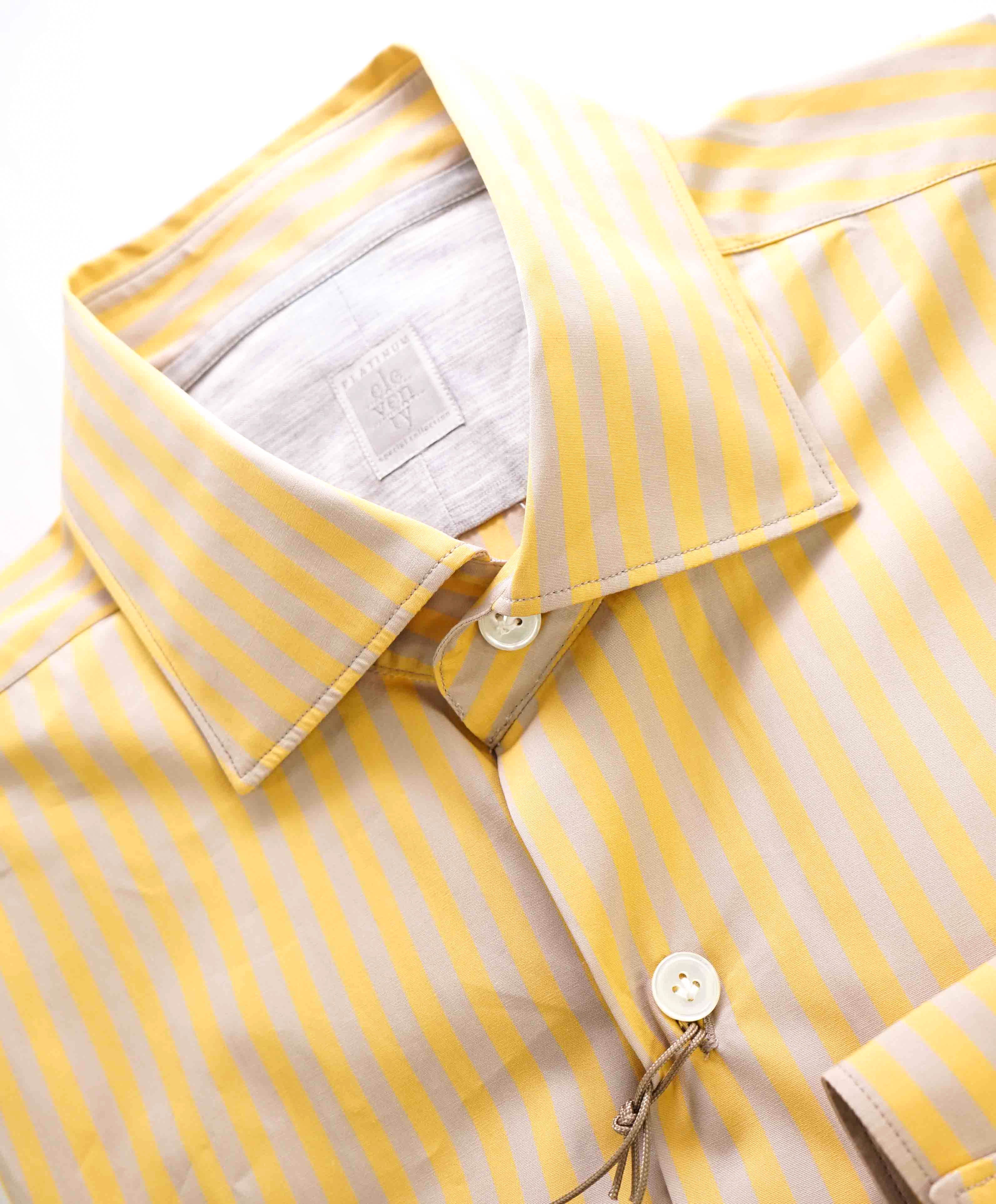 $395 ELEVENTY - Yellow/Taupe *Wide Spread Collar* Button Down Dress Shirt - M